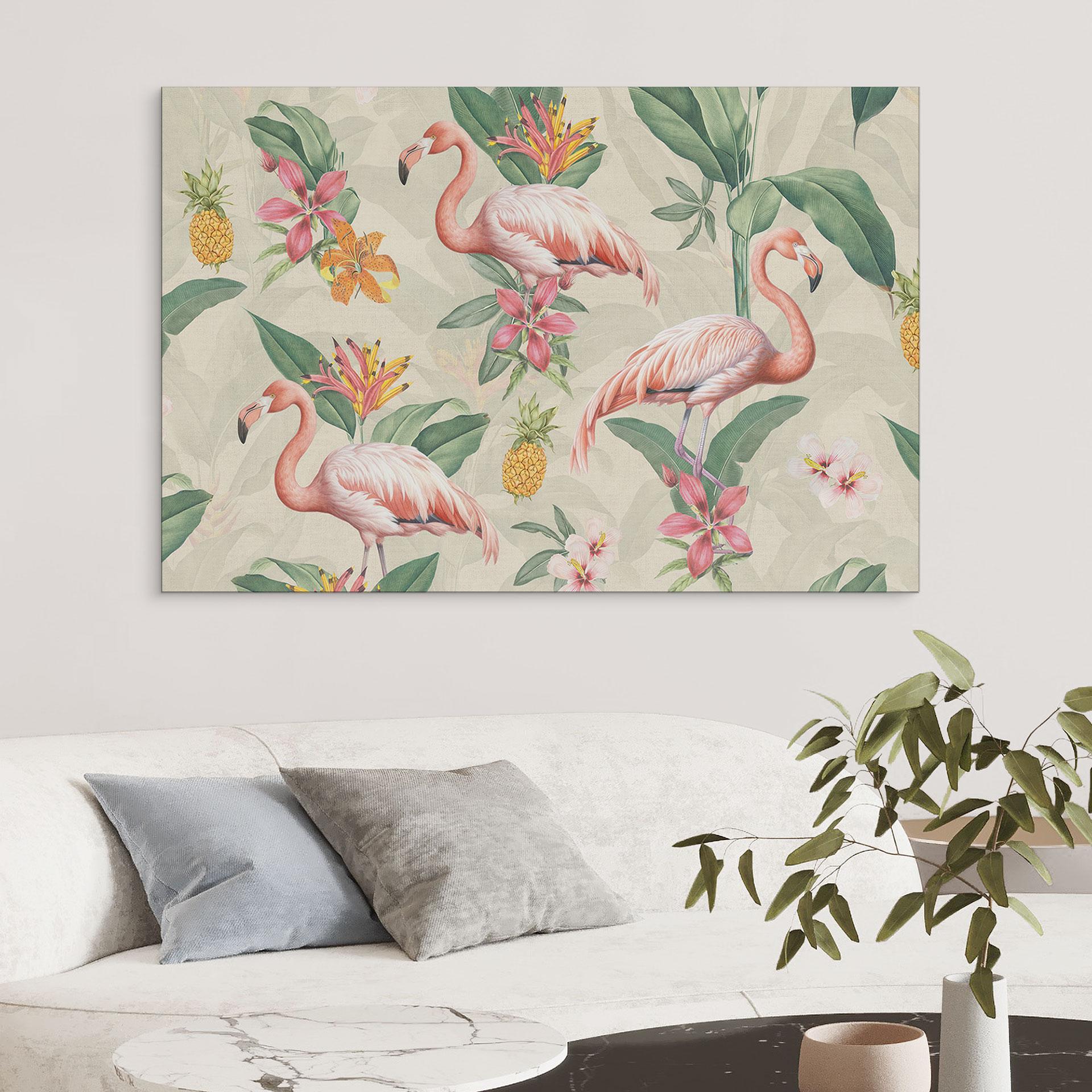 Billede af flamingo og tropiske blade - Bloomery Decor – print på aluminium (Alu-Dibond)