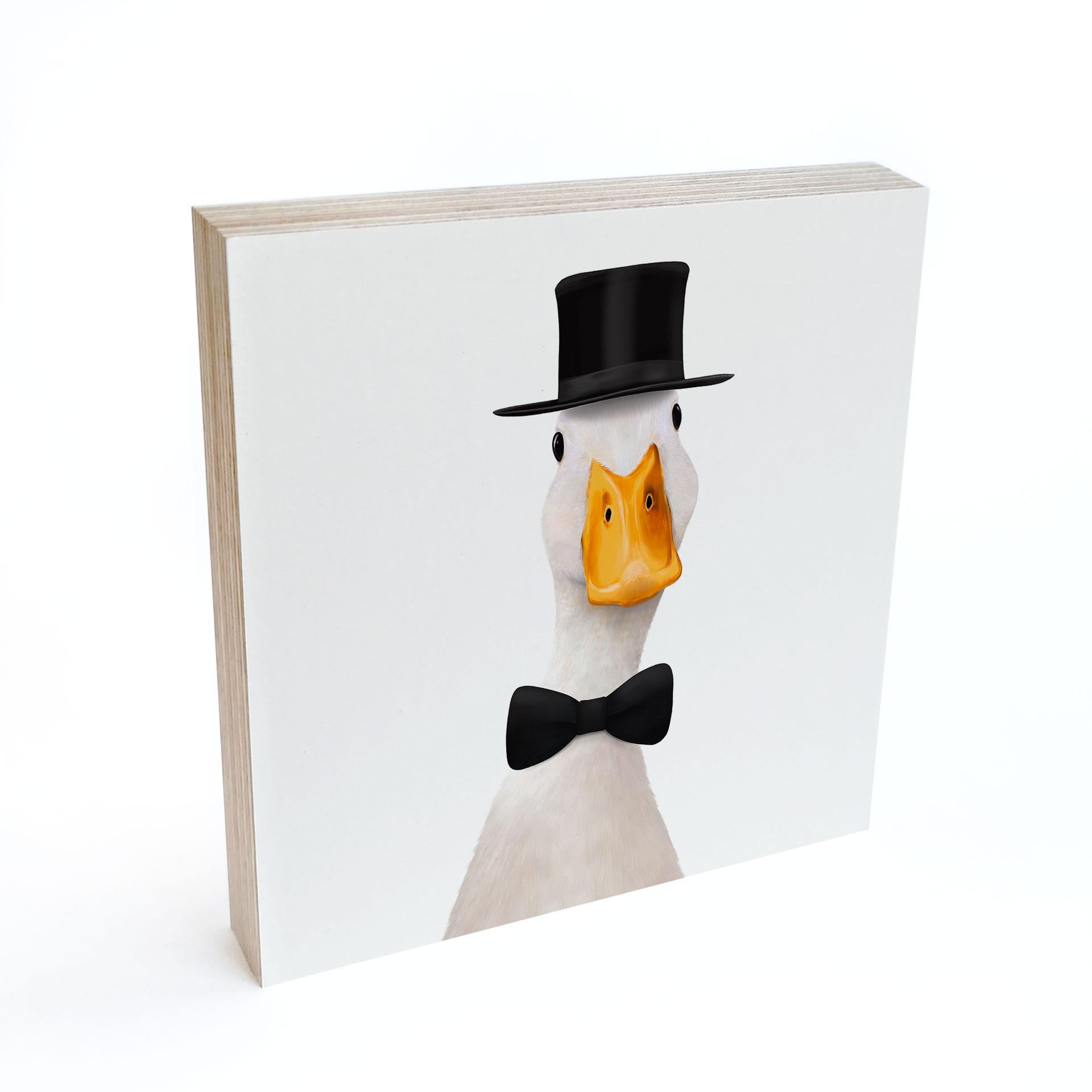 Tableau sur bois à poser - Gentleman Oie avec chapeau haut-de-forme - Korenkova - 15x15 cm