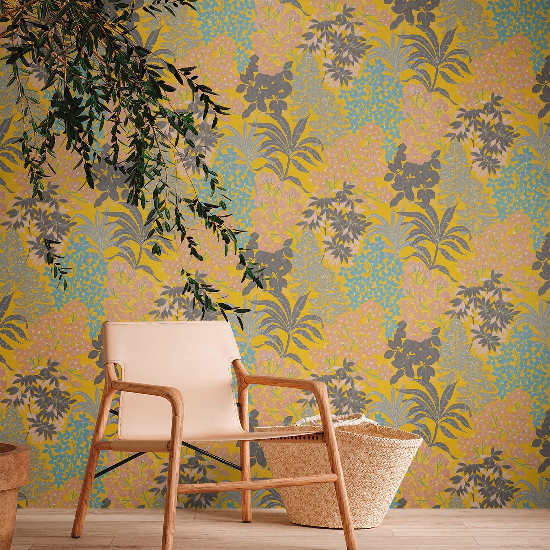 Jungle behang geel, zwart - vliesbehang bladeren planten moderne stijl behang