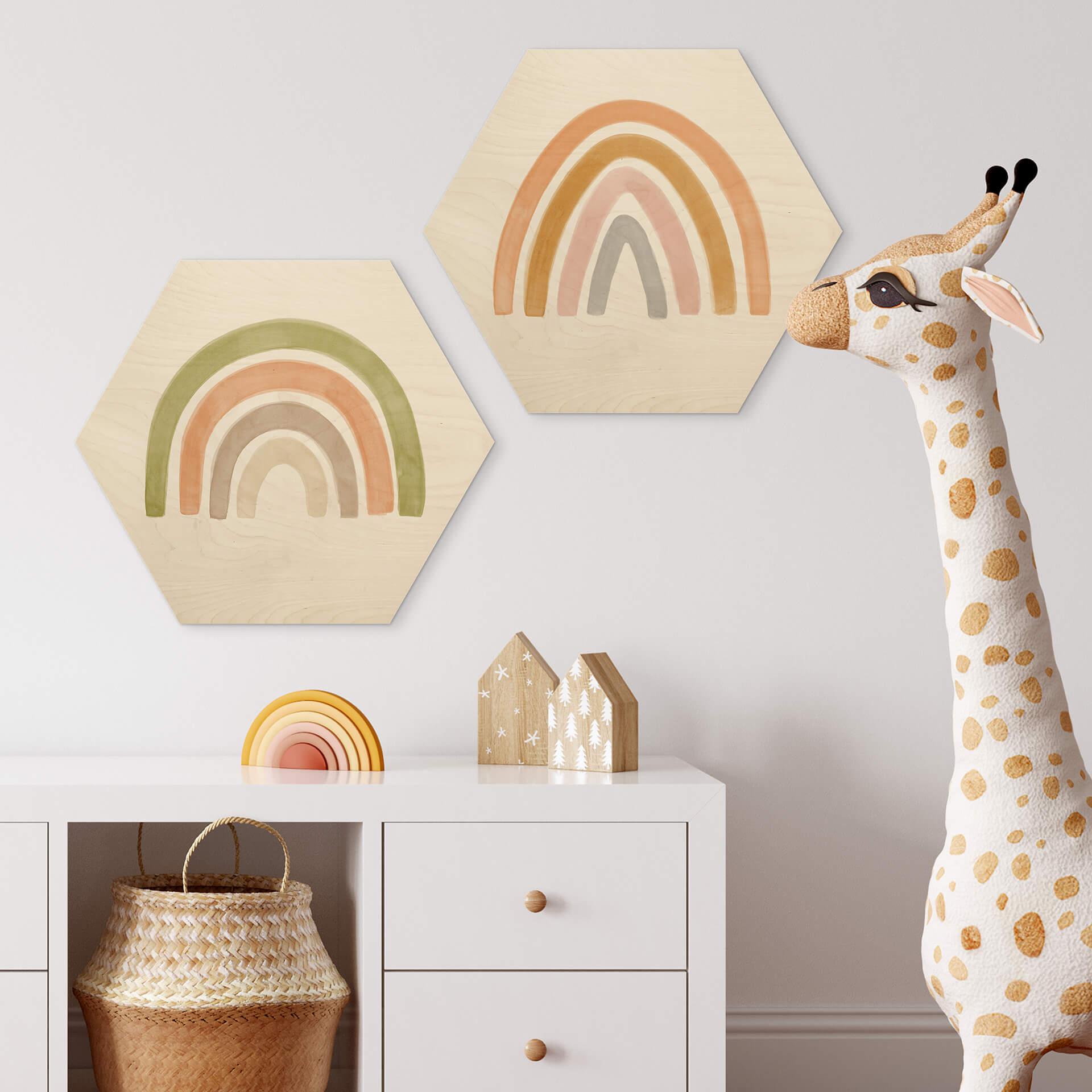 Hexagon Hout Nouveauprints - Aquarel Regenboog