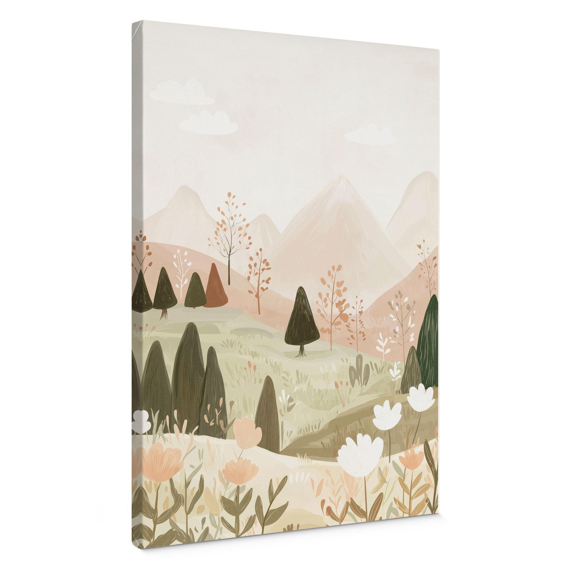 Canvasbillede pastel bjerglandskab med blomster - Treechild