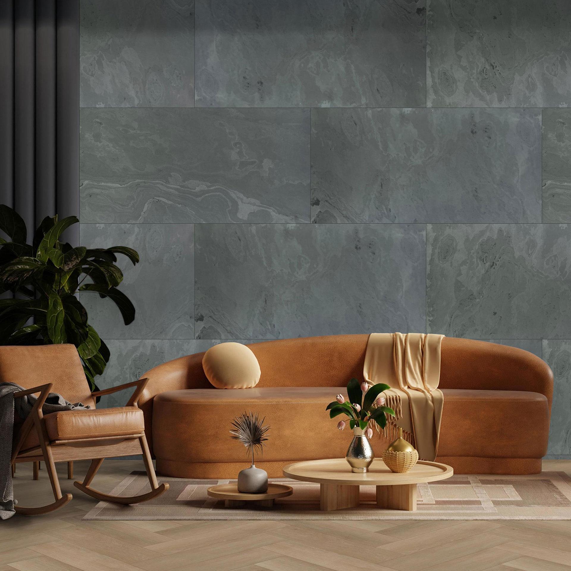 Echtstein - 3D Wandpaneel, Set aus 6 Natursteinplatten als luxuriöse Wandverkleidung - Schiefer Schw