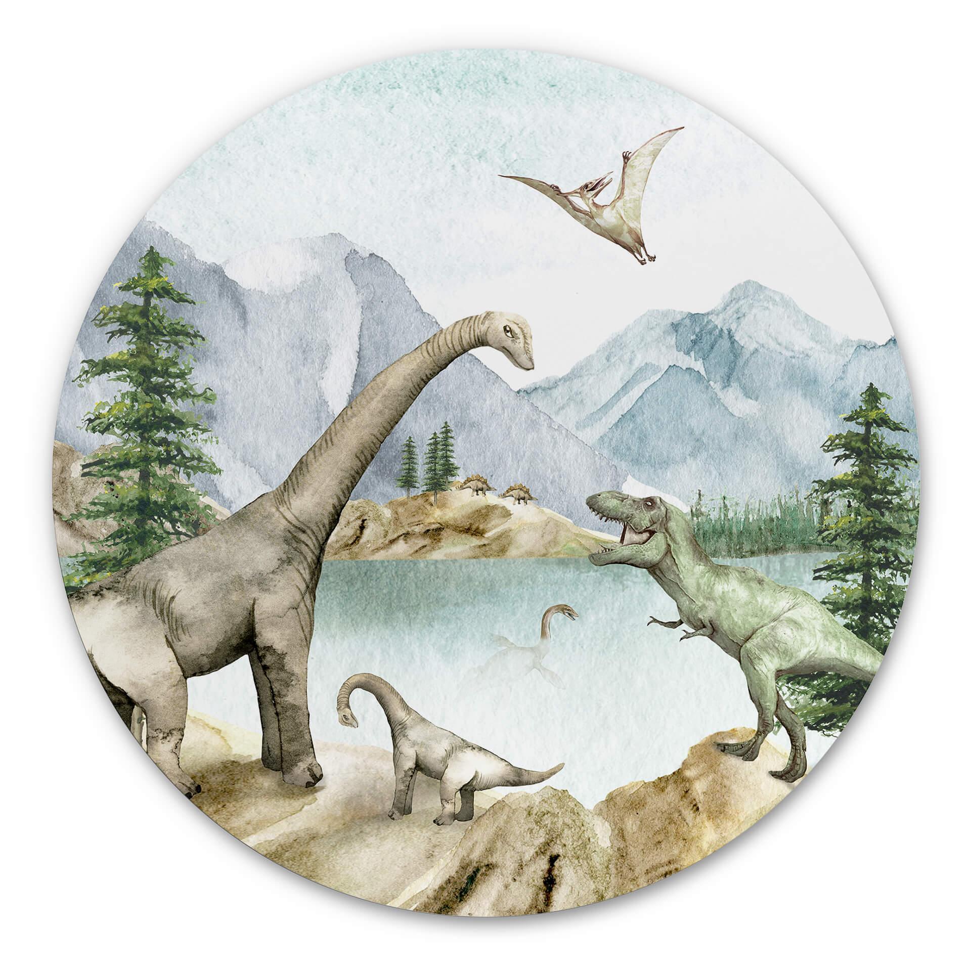 Tableau sur alu-Dibond rond Kikki Belle - Le monde des dinosaures