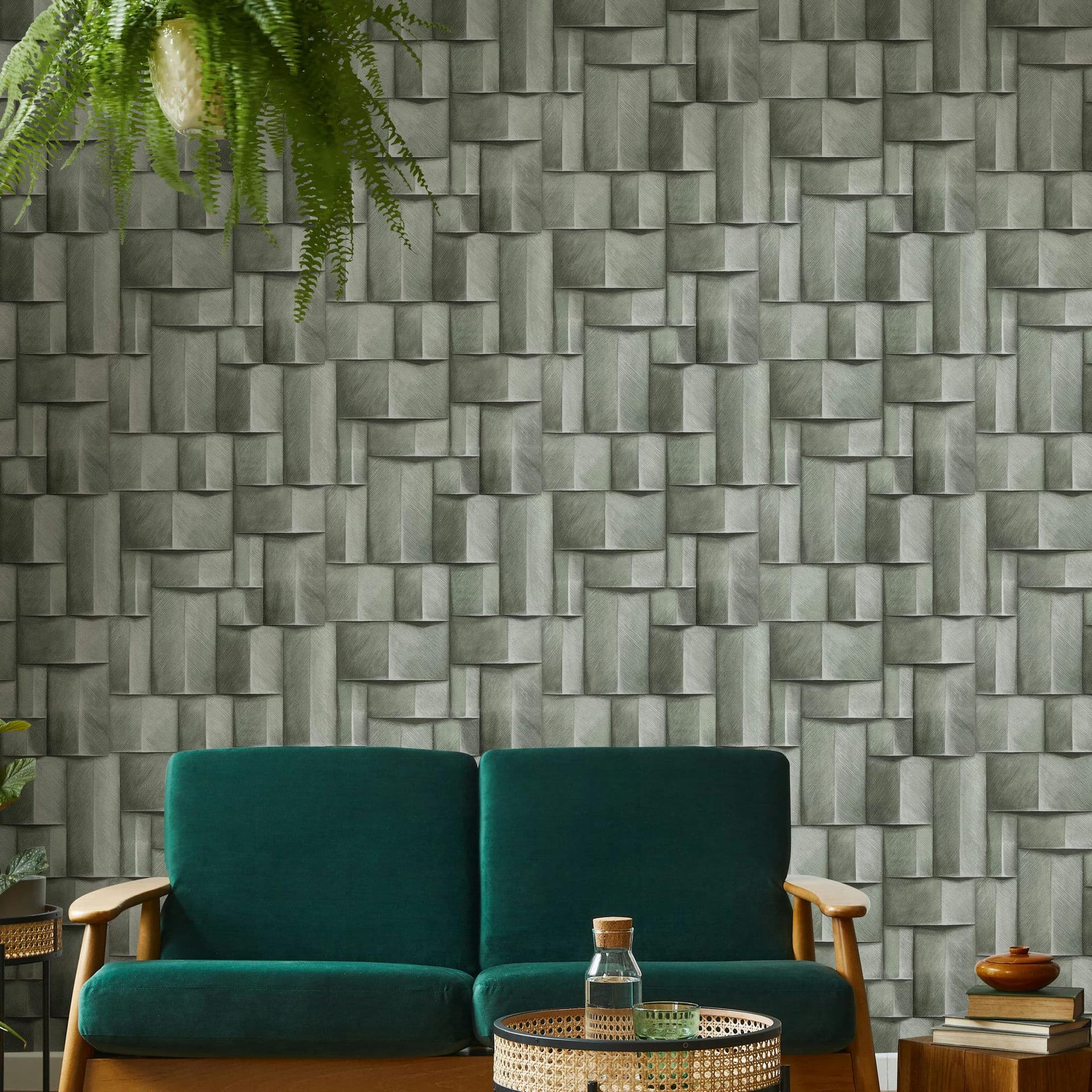 Non-woven tapet med træmotiv geometrisk grøn 3D-look
