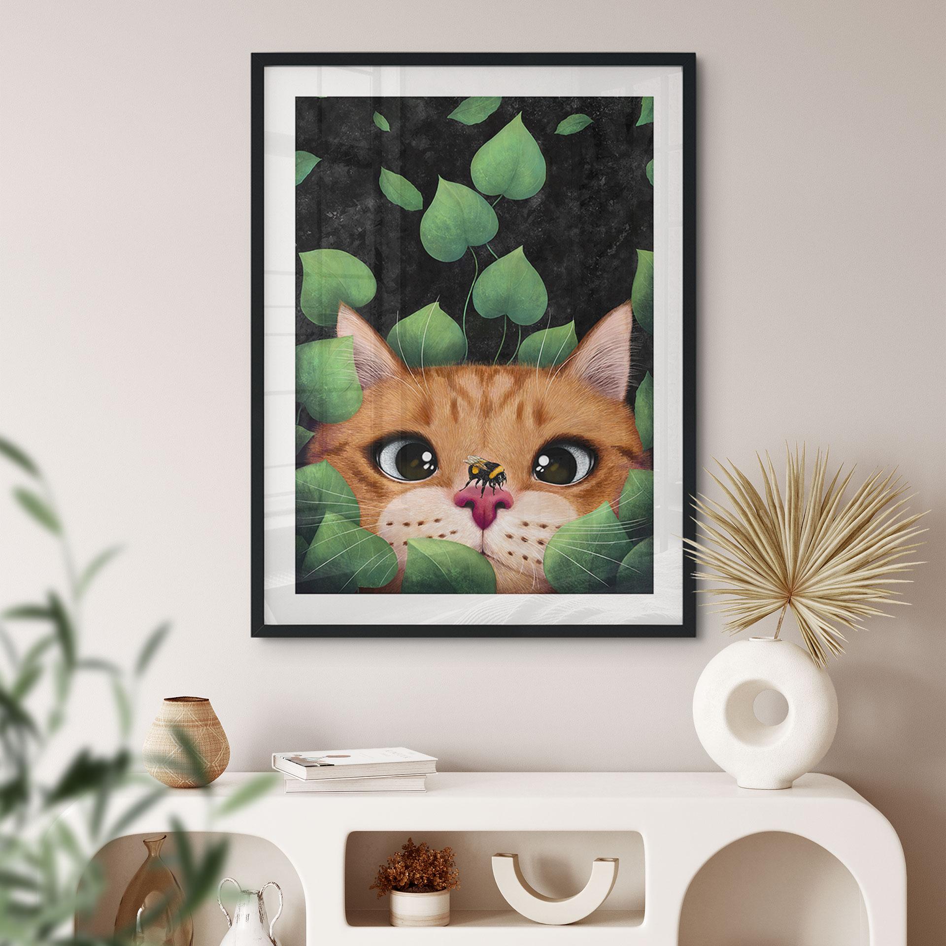 Póster para la guardería - Lindo gato en el arbusto - Korenkova