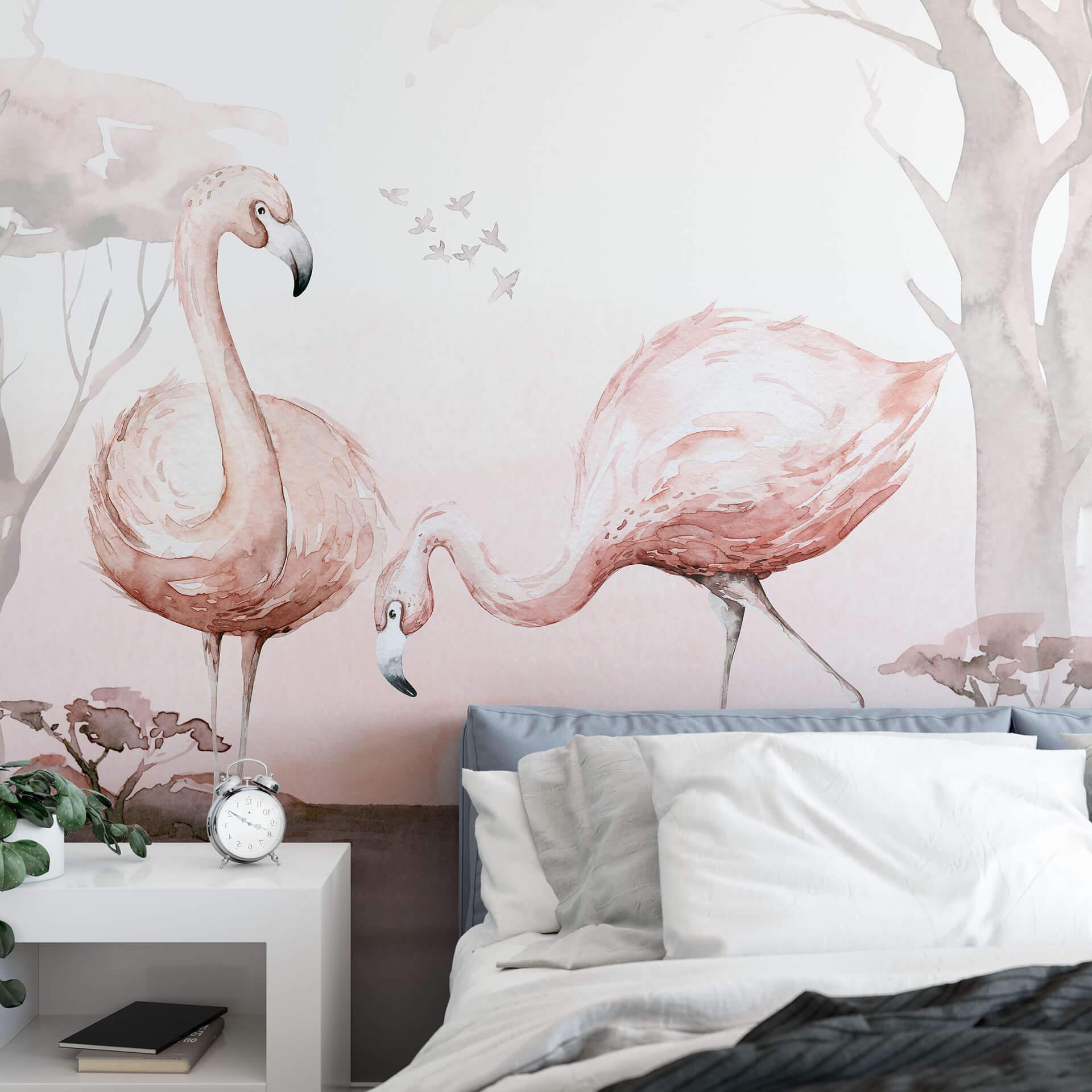 Fototapet Kvilis - Flamingos i solnedgången