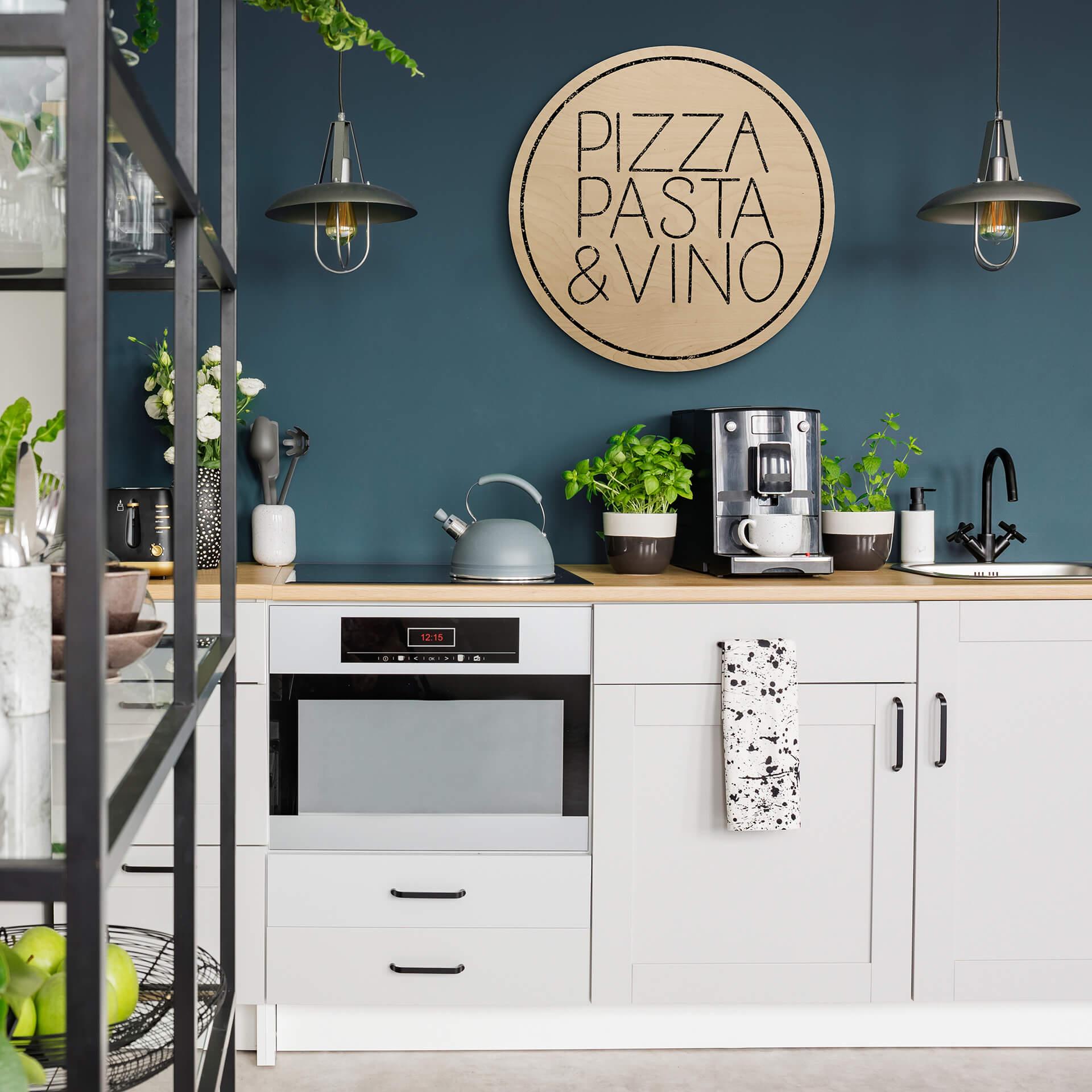 Obraz drewniany Pizza Pasta & Vino biały - okrągły