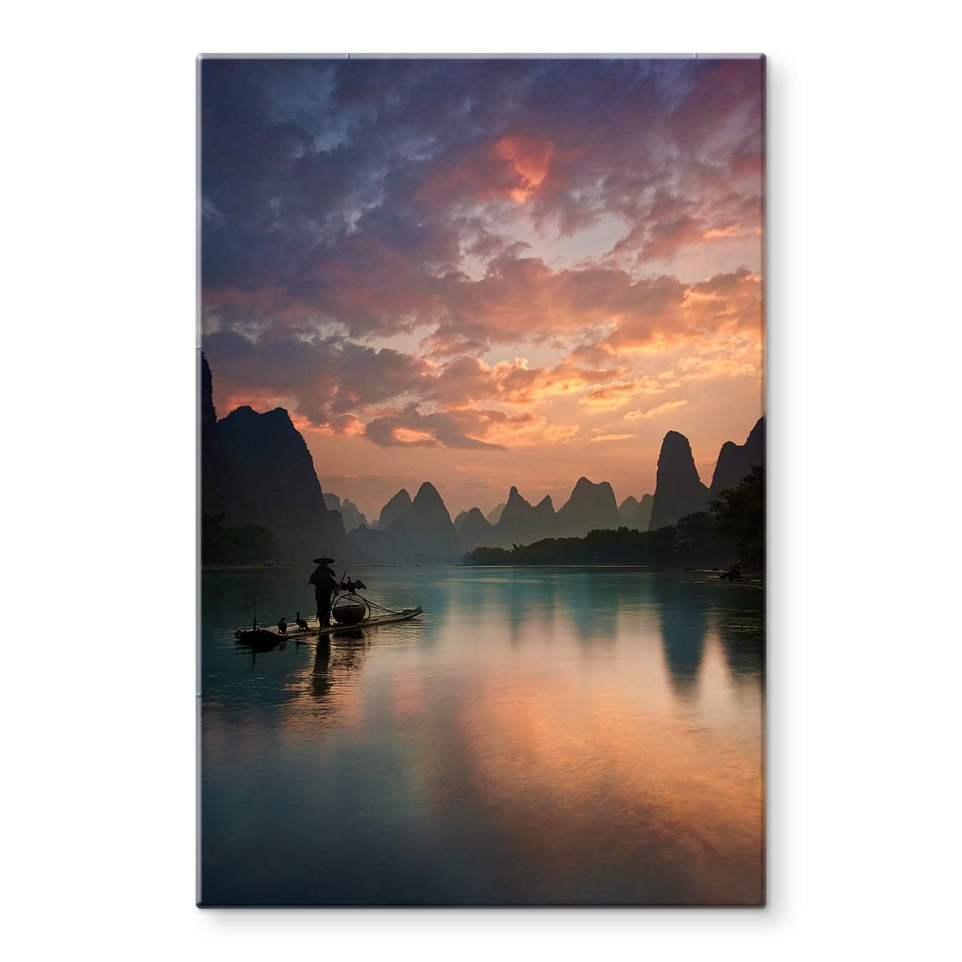 Glasbild Zhang - Asiatische Flusslandschaft in der Abenddämmerung