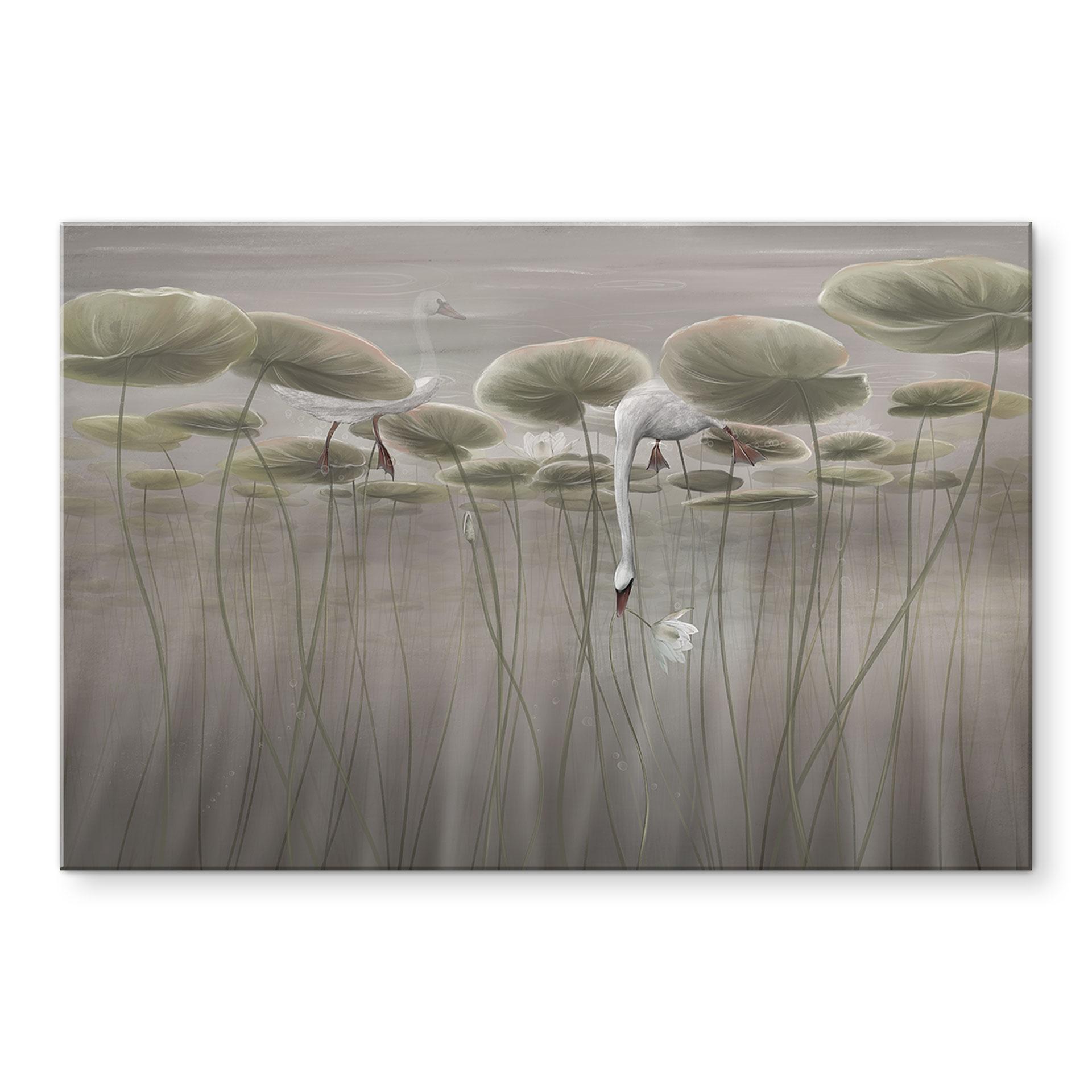 Acrylglas afbeelding lotusbloemen met zwaan in water in grijs - Ms Tiff