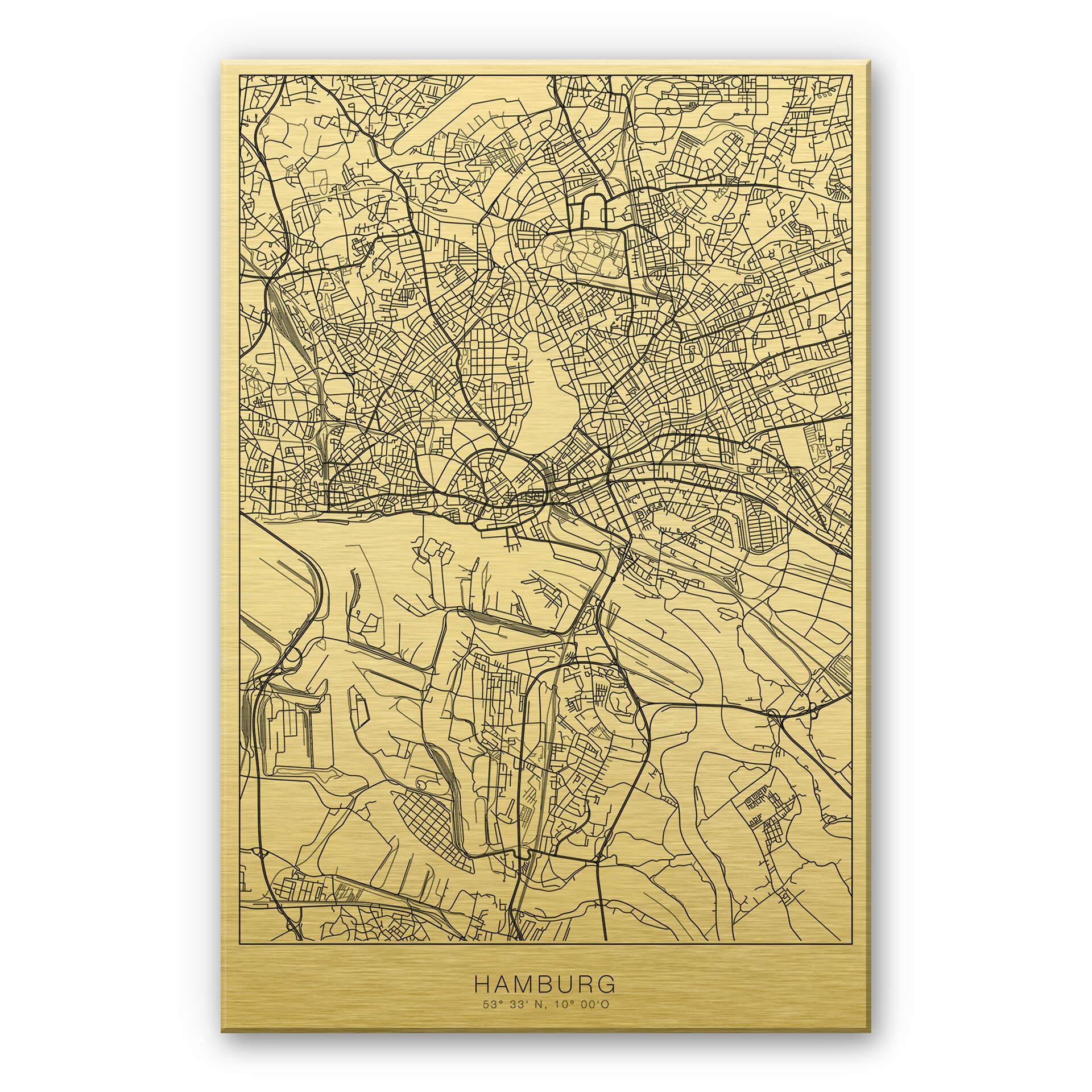 Alu-Dibond mit Goldeffekt Stadtplan Hamburg