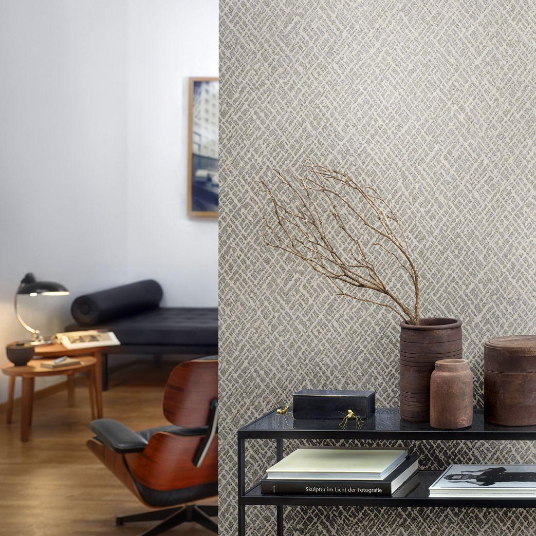 Ikke-vævet tapet med skinnende gittermotiv beige, platinstruktur