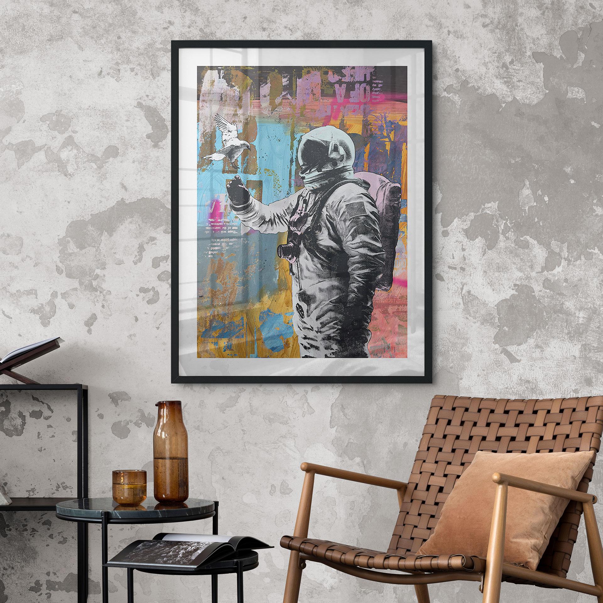 Plakat astronaut med due | collagekunst til stuen - Kuryliuk