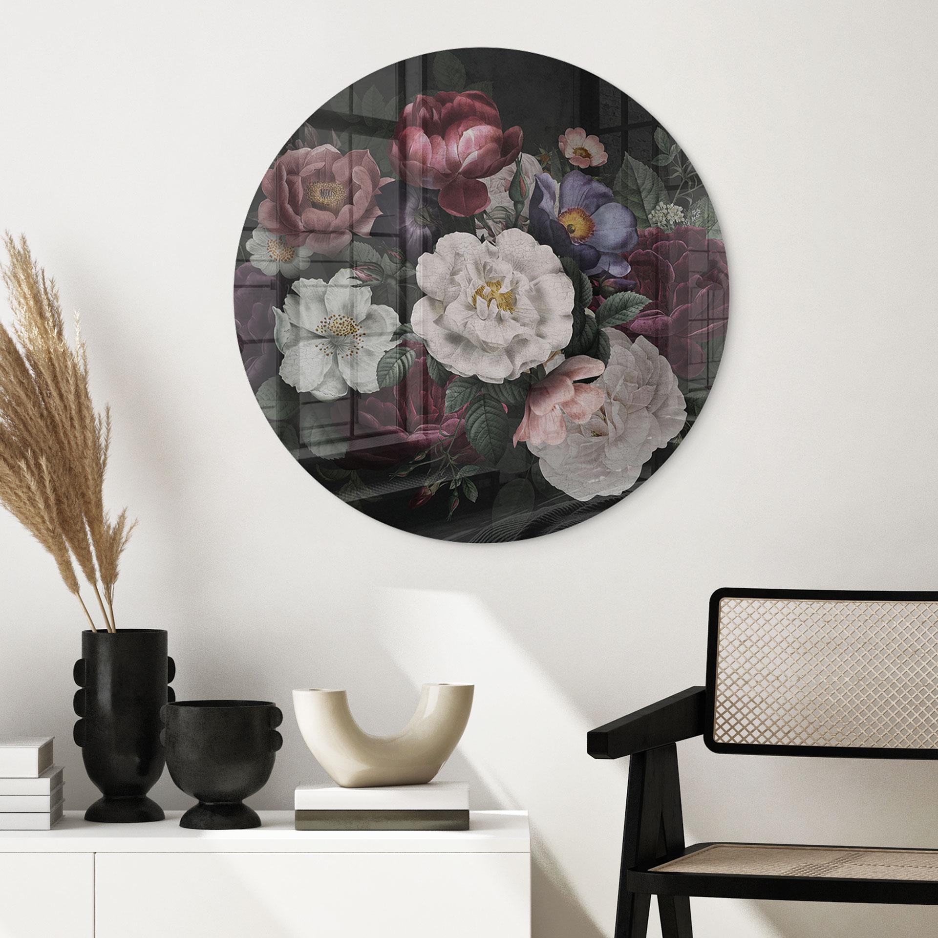 Glasbillede - Blomster stilleben i Redouté stil - blomsterdekoration - rund