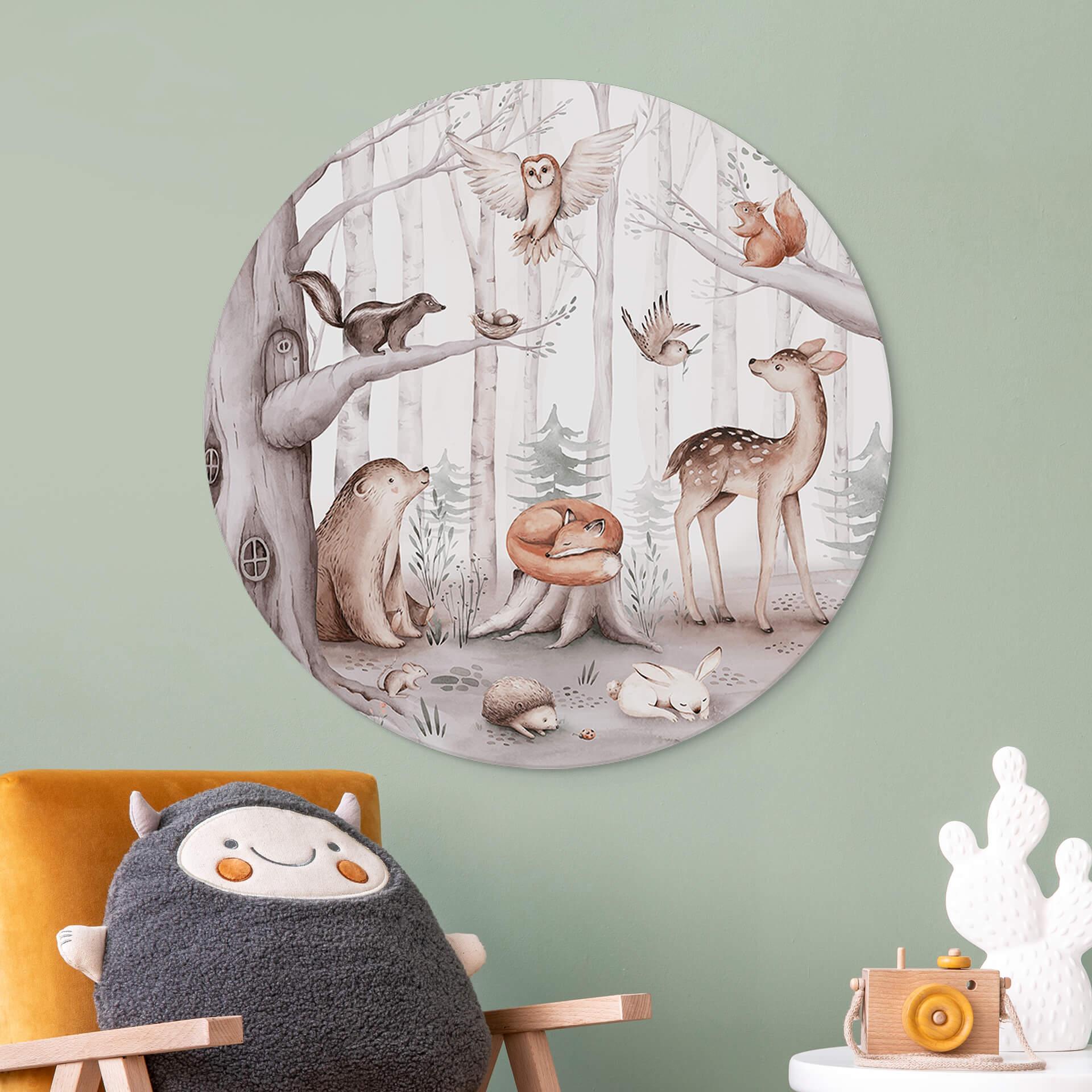 Vægcirkel Kvilis - Sweet Forest Animals – print på aluminium (Alu-Dibond)
