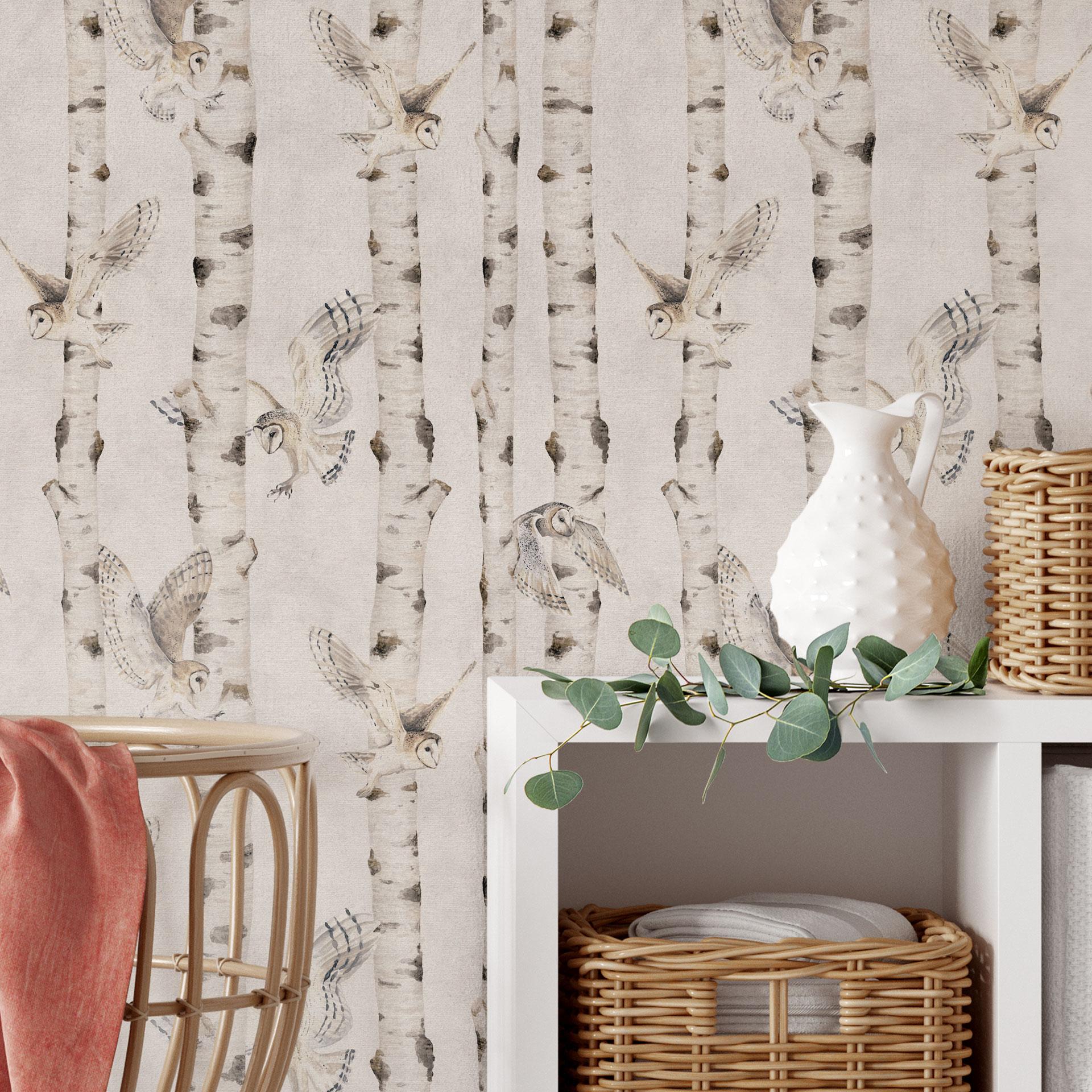 Patroonbehang uilen in een berkenbos - Kikki Belle