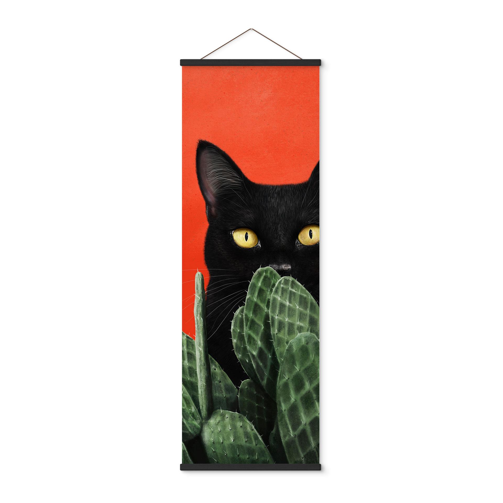 Textil poster Svart katt i kaktus-gömställe Panorama - Korenkova