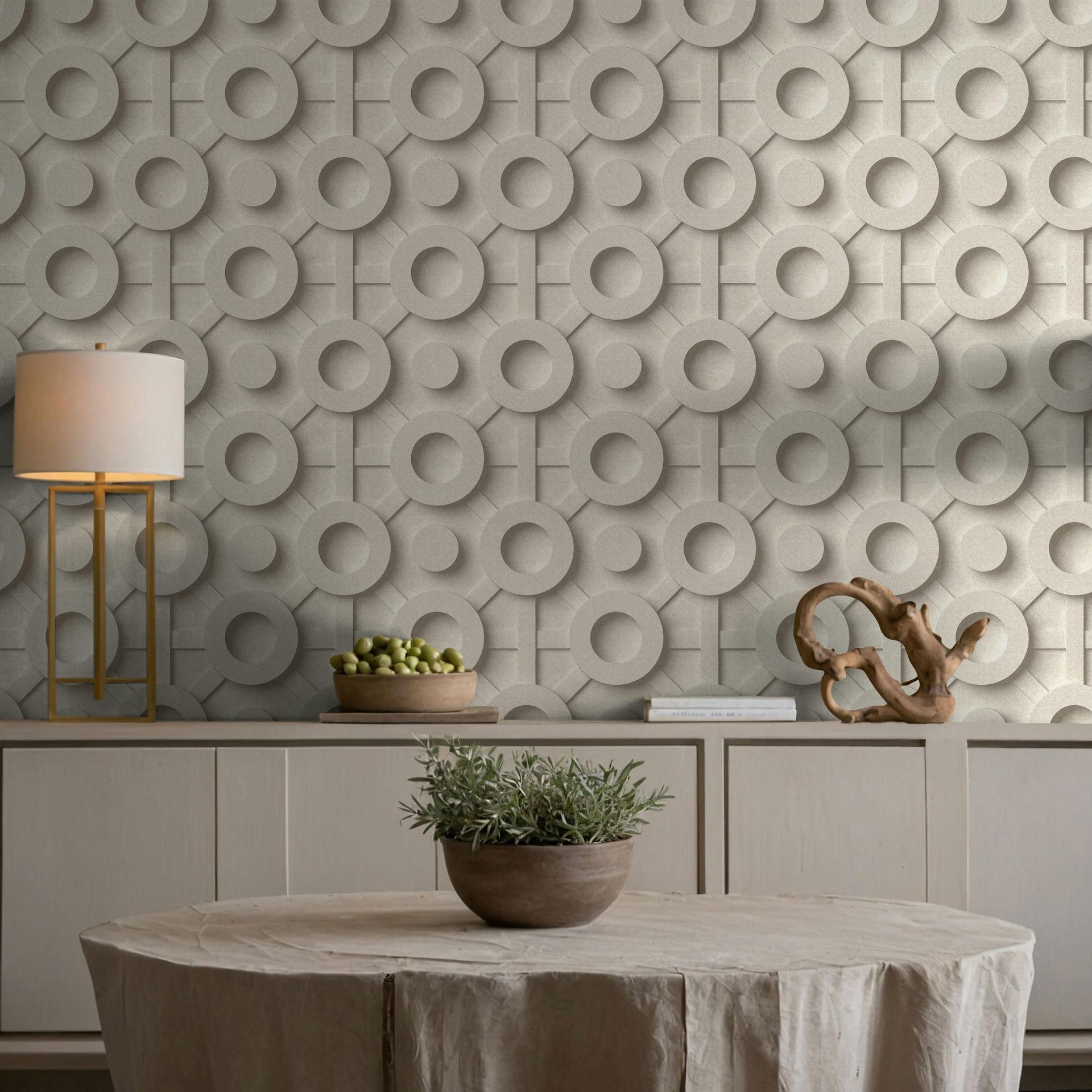 Ikke-vævet tapet grafisk 3D-look moderne, cirkler matte i beige
