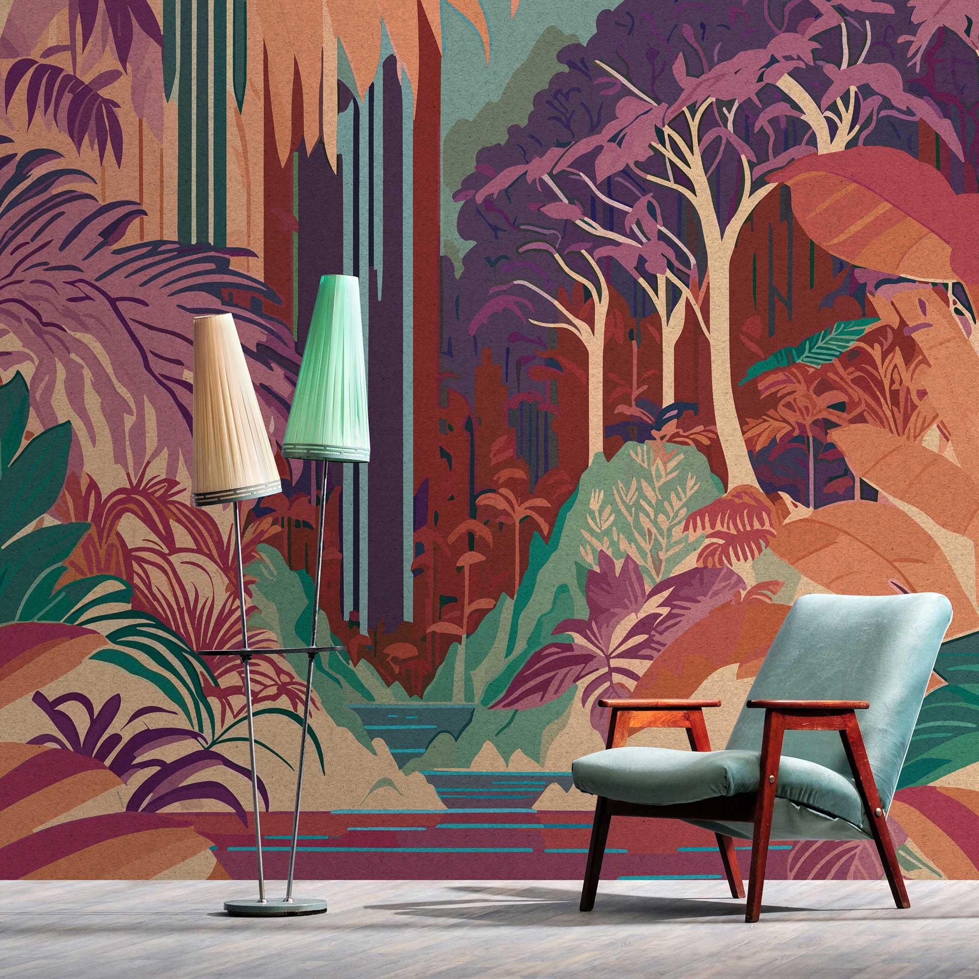 Art Deco jungle 3D fototapet - pragtfulde farver i retrostil non-woven tapet