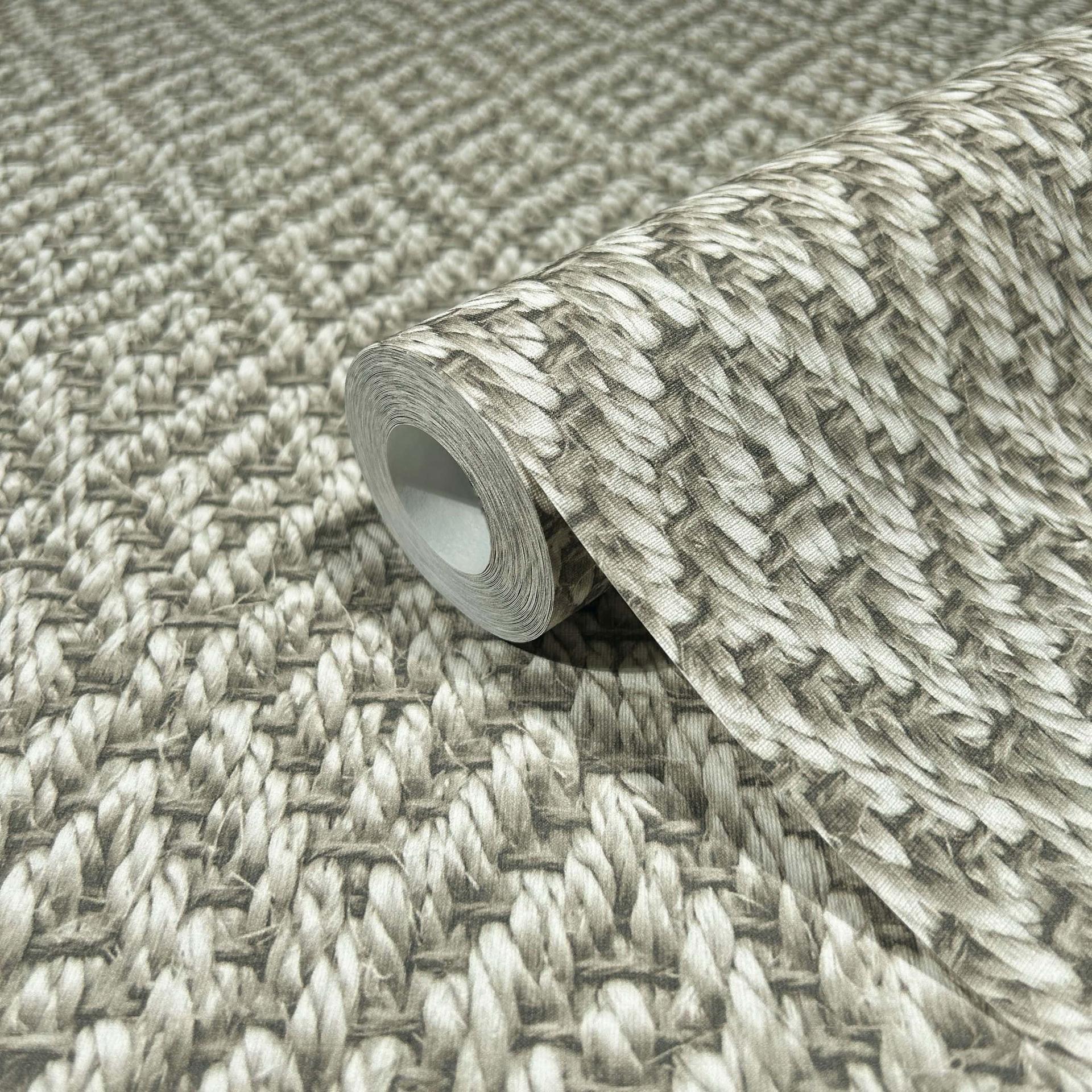 carta da parati in tessuto non tessuto con motivo a rombi in vimini 3D beige, grigio