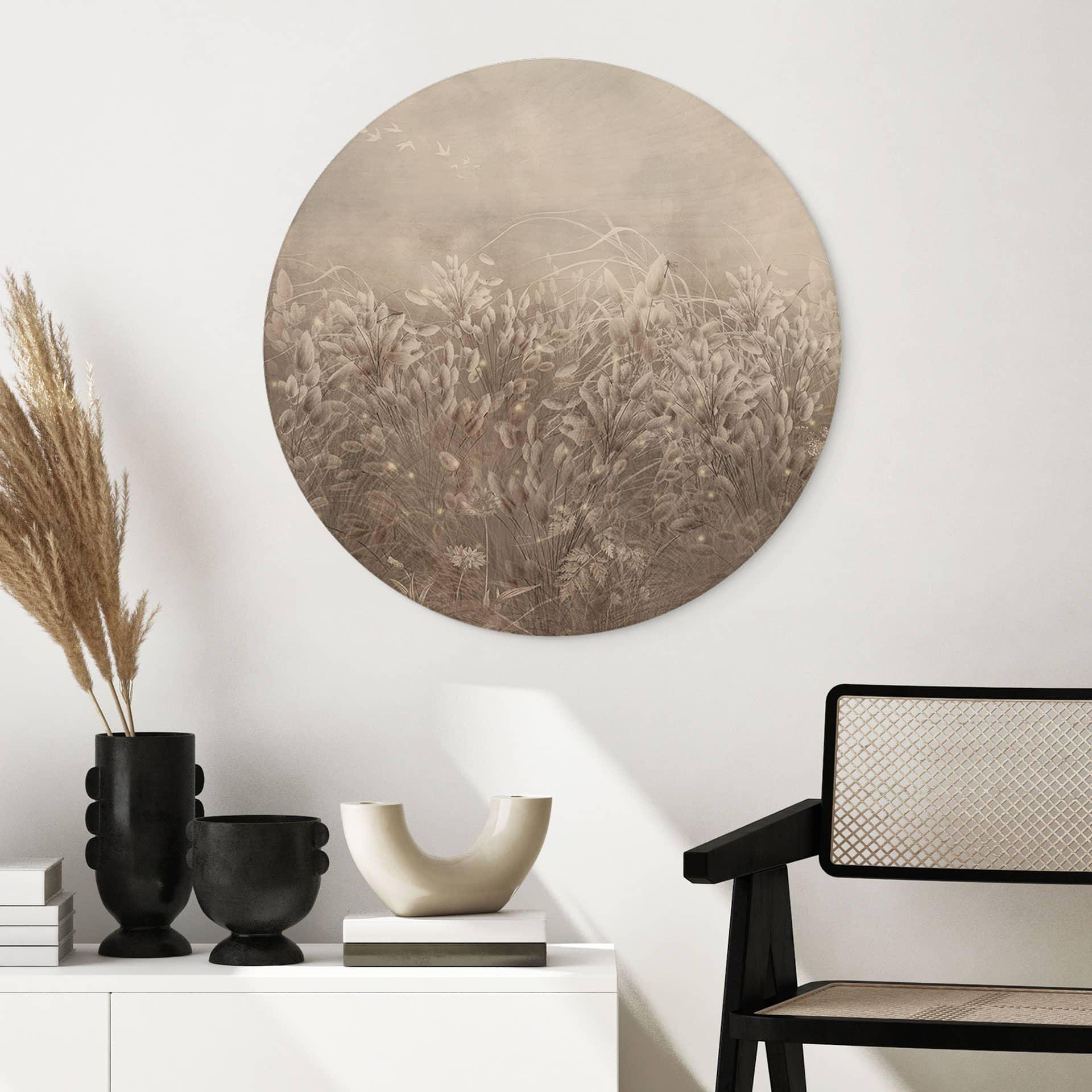 Holzbild Pampasgras und Gräser in Beige - Ms Tiff - Rund