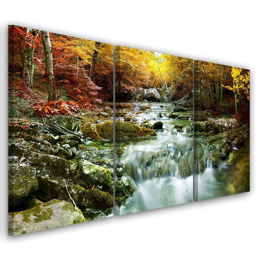 3 stykke lærred Print Autumn Forest Waterfall Rocks
