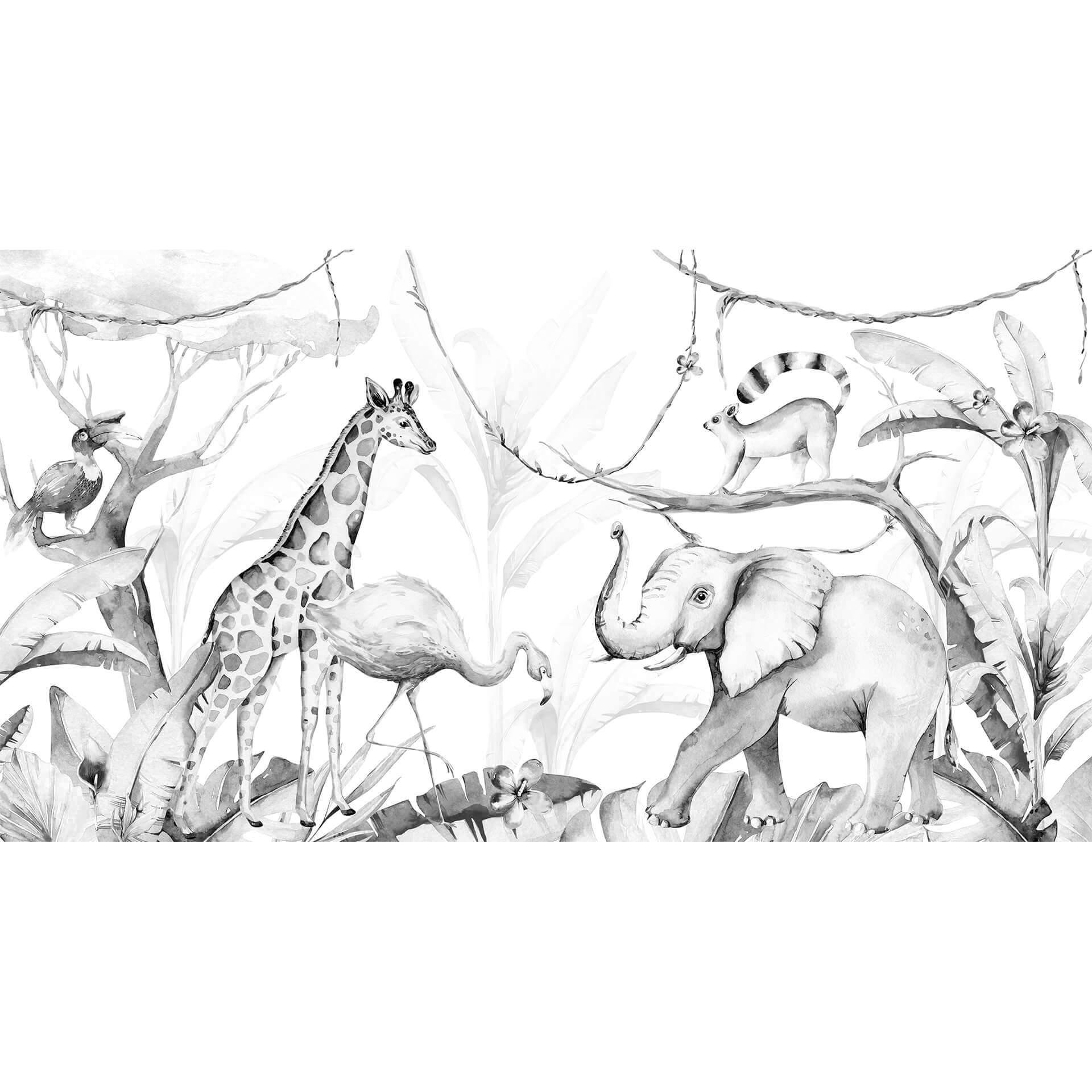 Fotobehang Kvilis - Dierenvrienden in de Jungle zwart-wit