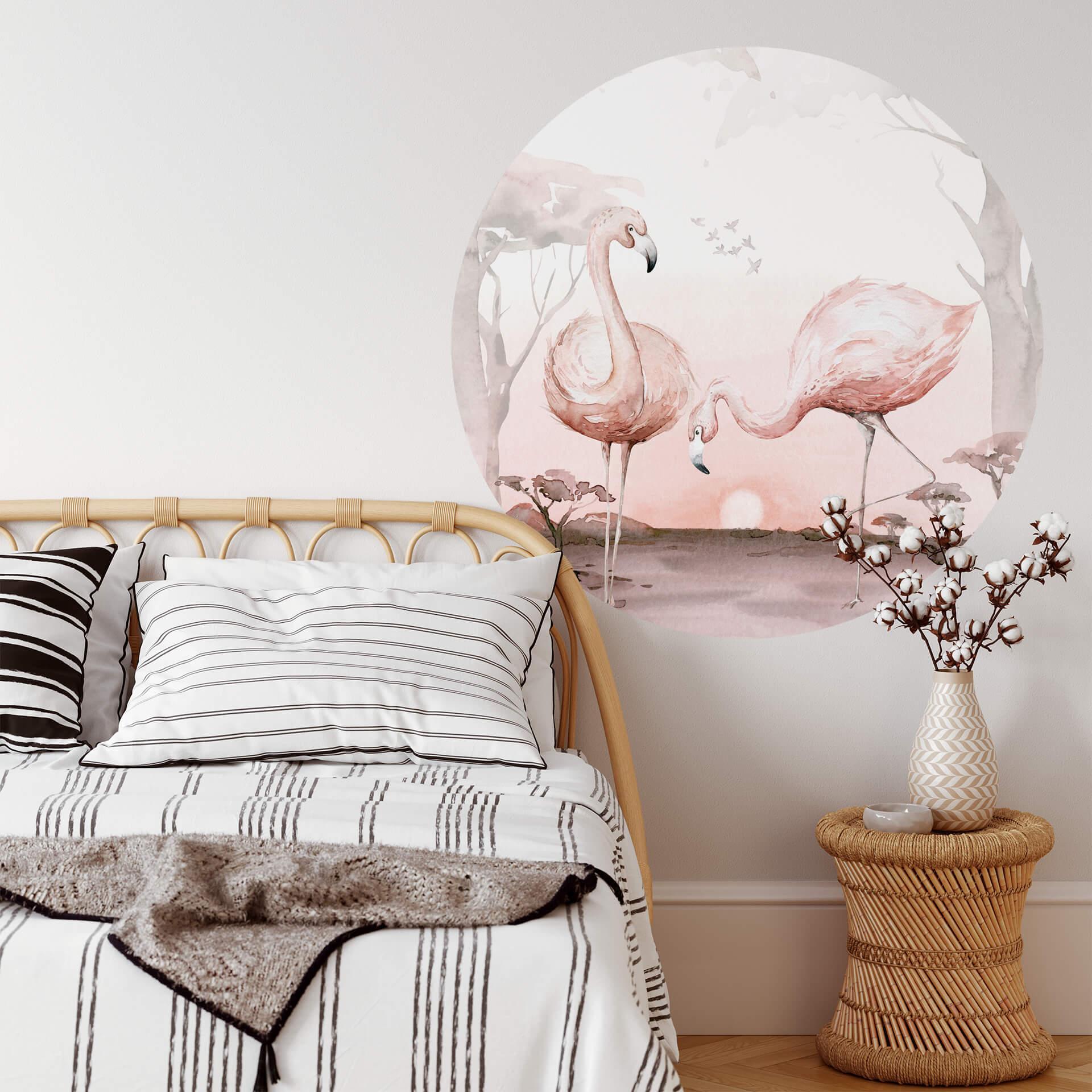 Sticker mural Kvilis - Flamants roses au coucher du soleil - Rond