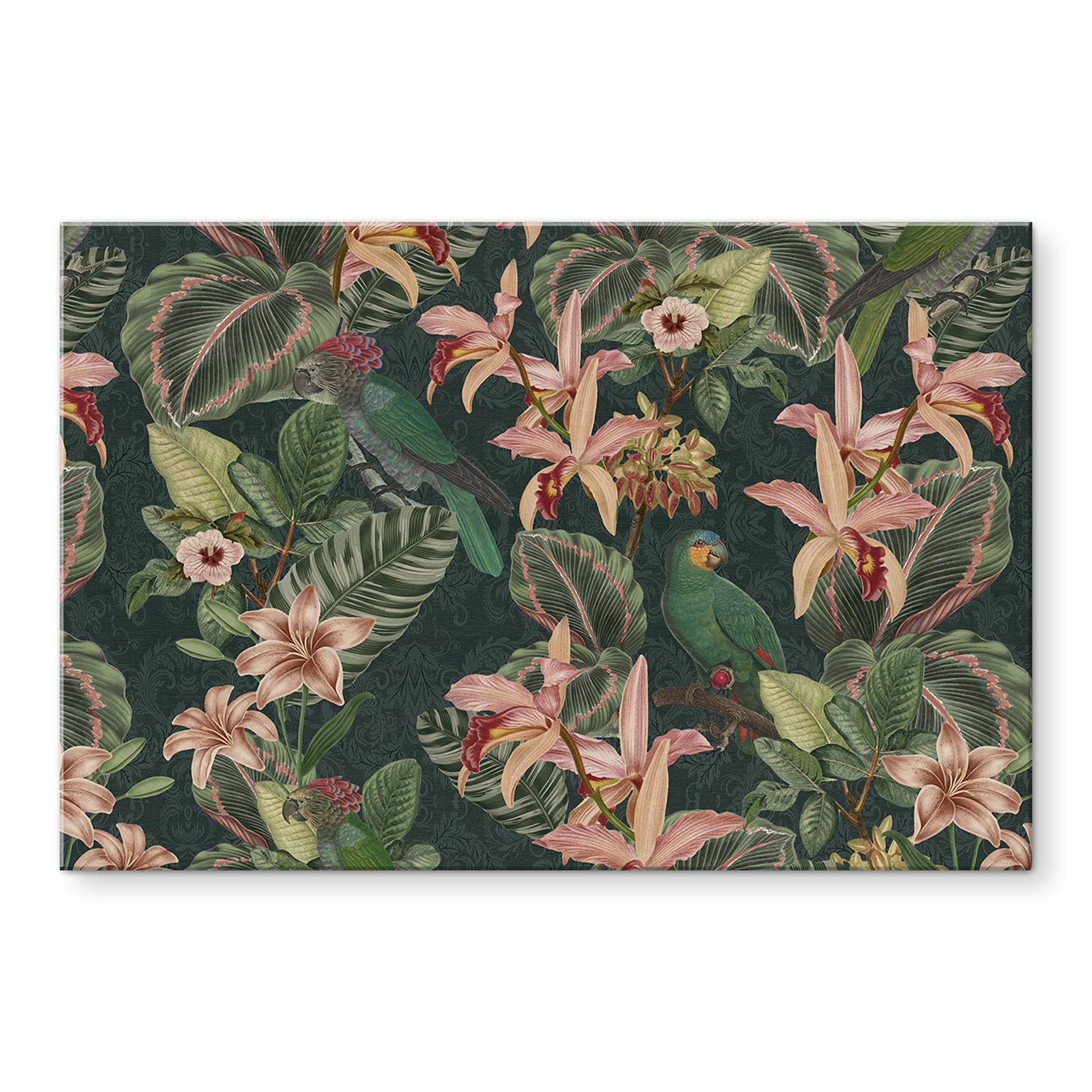 Stænkplade jungle med papegøjer natgrøn - Bloomery Decor