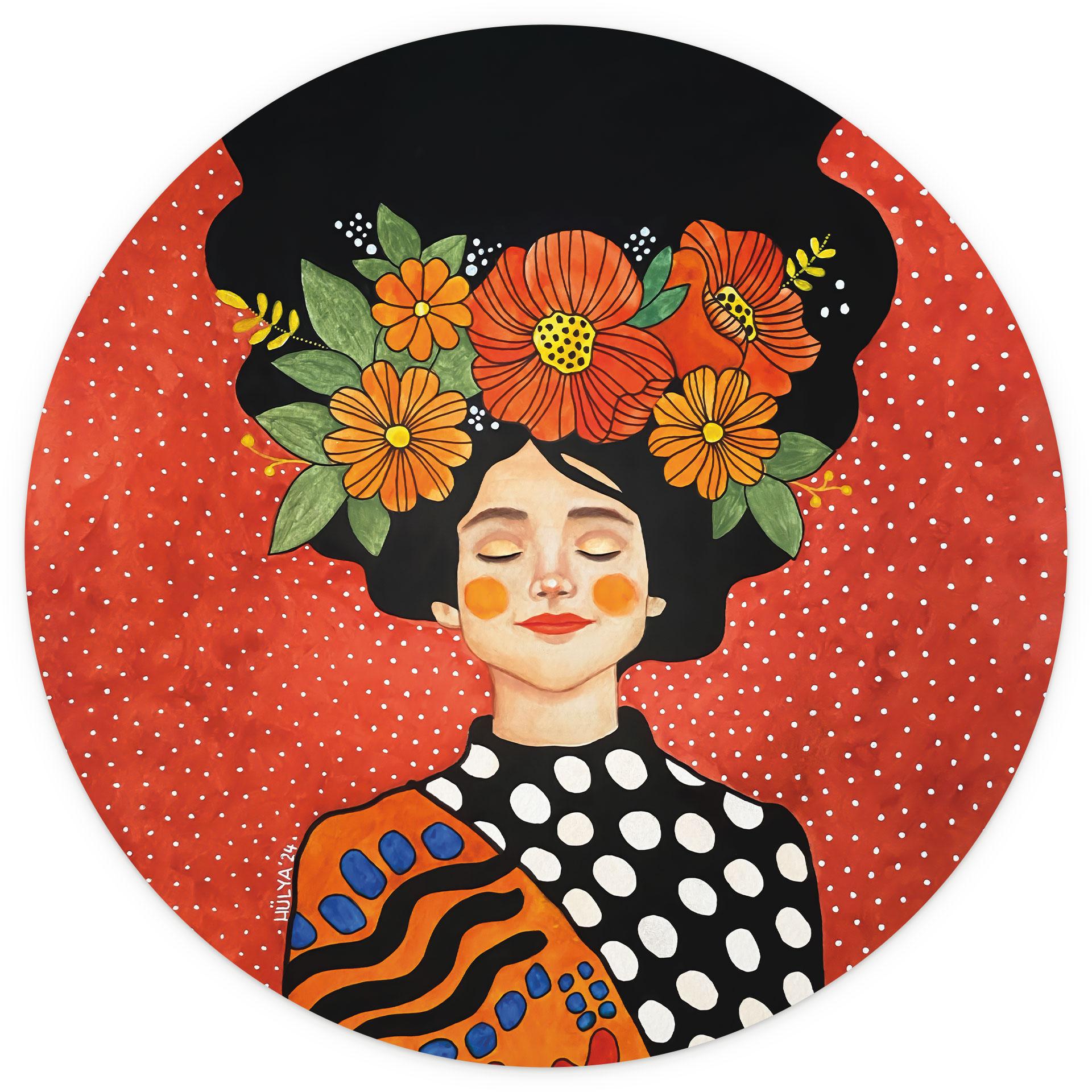 Lachende vrouw met oranje bloemen Fotobehang - Hülya - Rond - Zelfklevend/niet-geweven