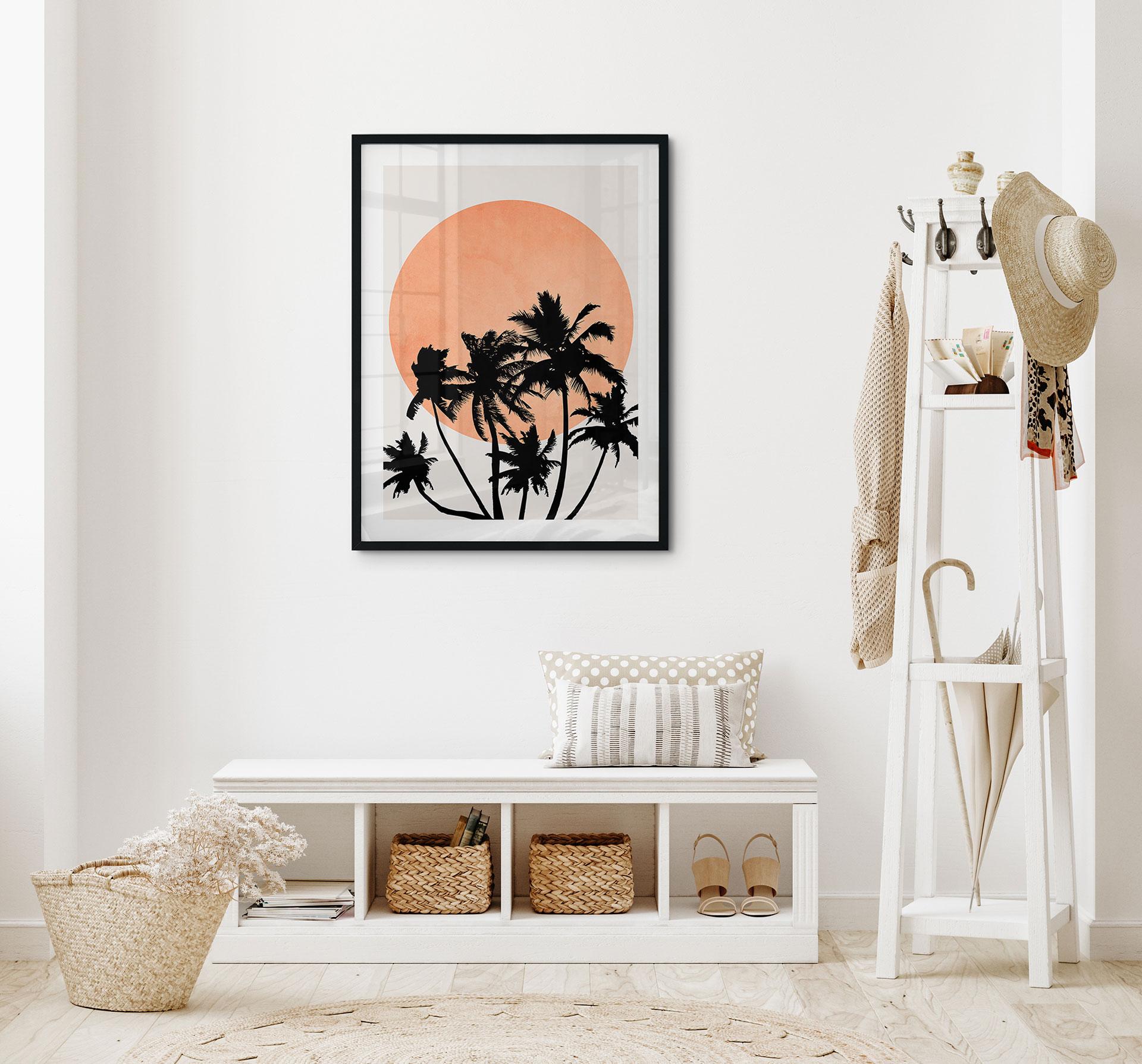 Plakat Palmer foran den orange sol - Kubistika