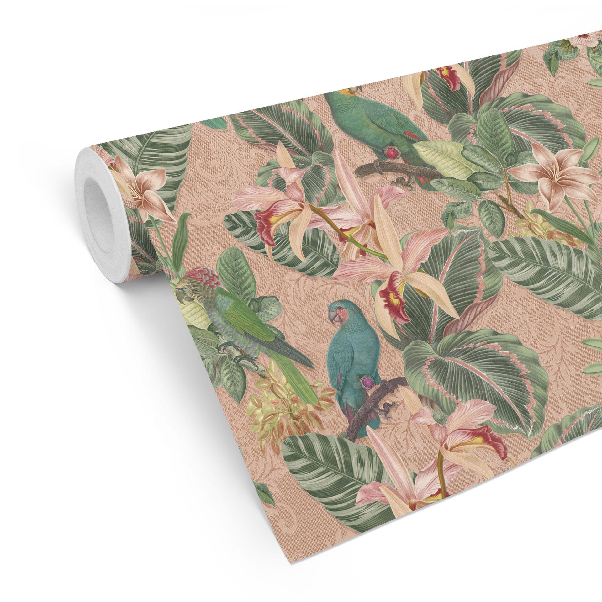Tapet med mønster jungletapet - jungle med papegøjer pink - Bloomery Decor