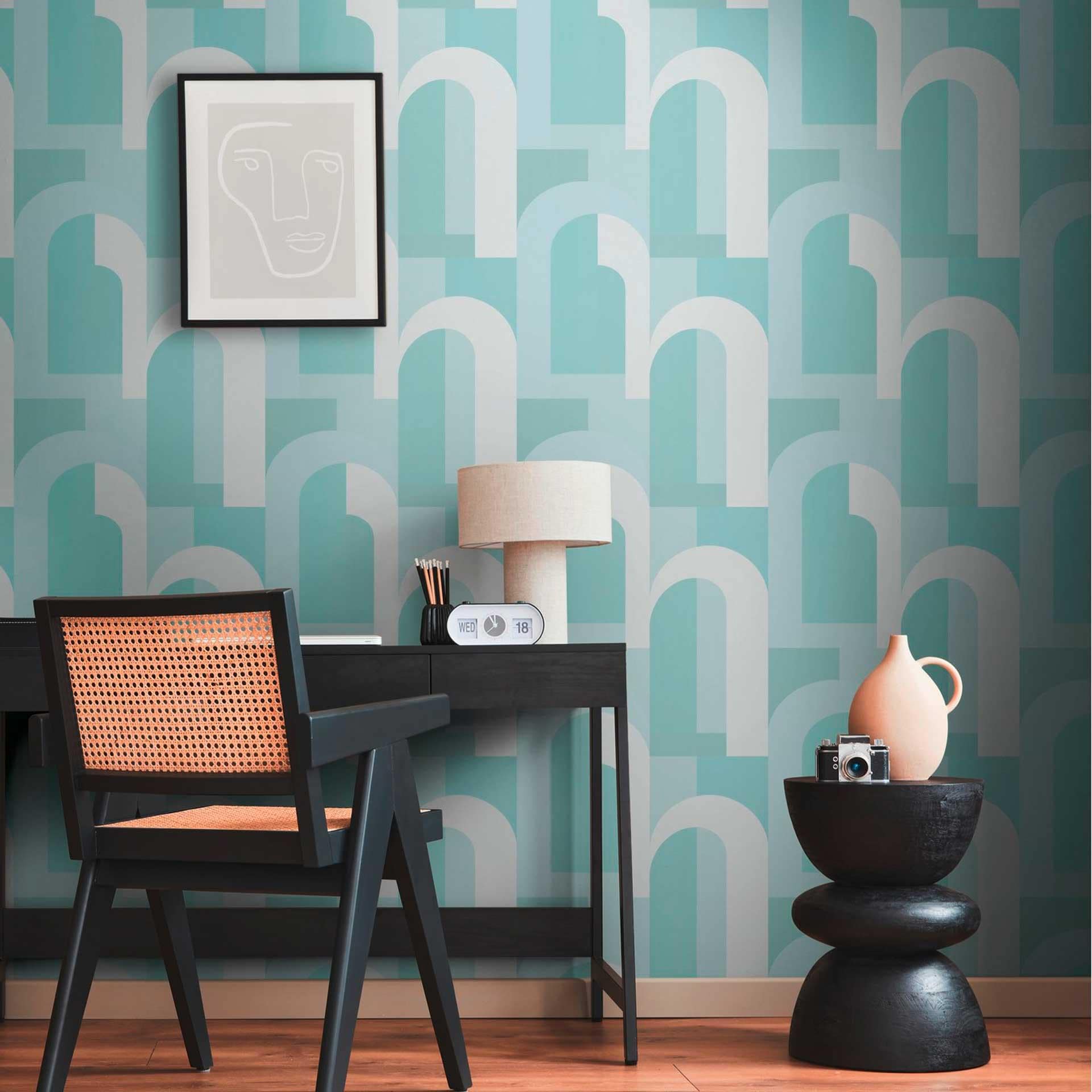 Art deco grafisk tapet turkis hvid - non-woven tapet med retromønster