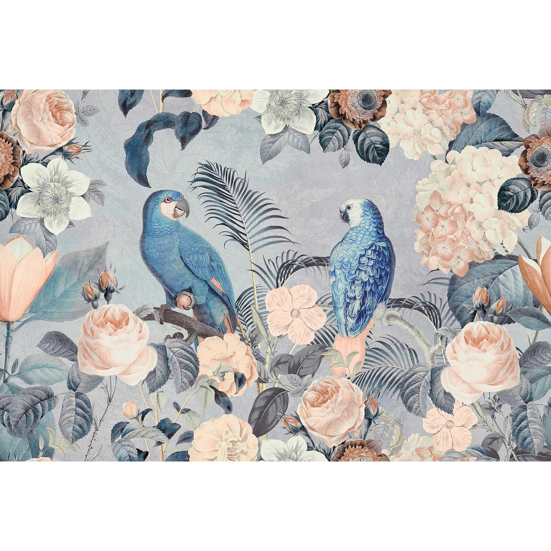 Livingwalls papier peint photo ARTist Jungle Rendevous avec fleur Roses et perroquets bleu, vert, rose