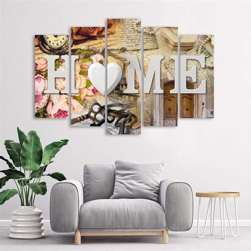 5-delige canvas print Home Heart Retro Inscription