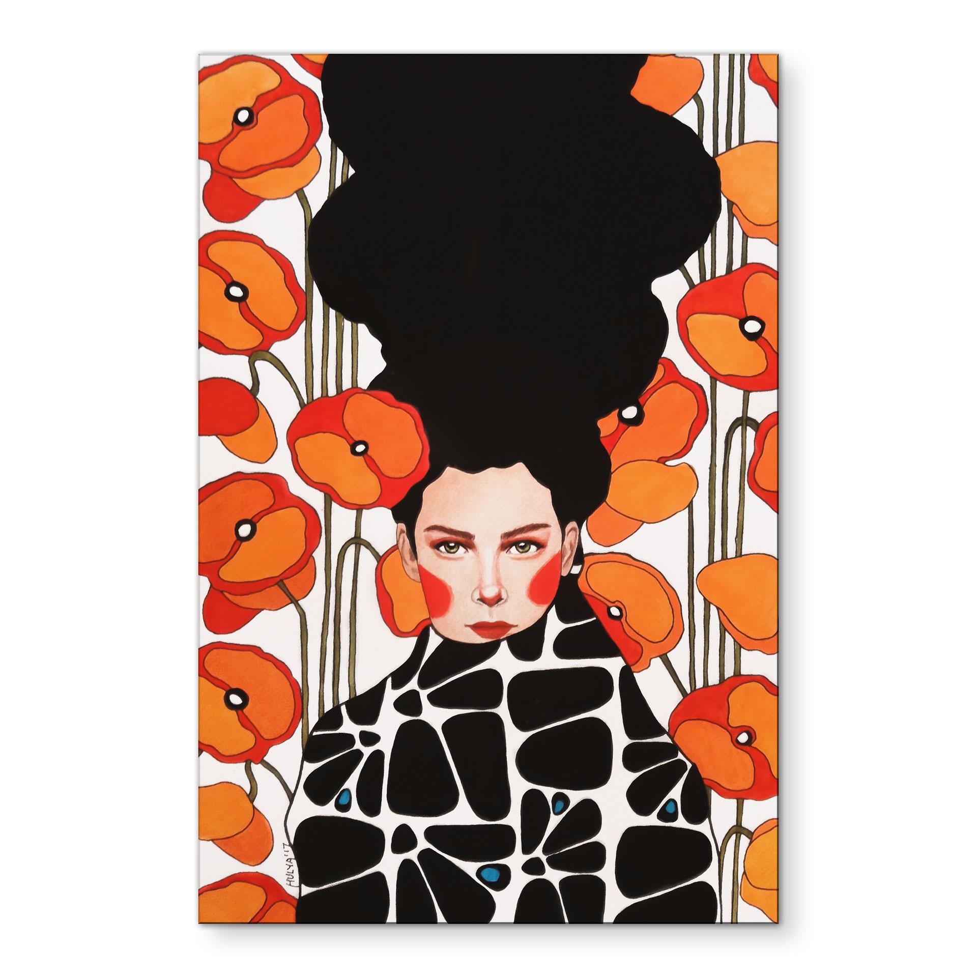 Billede af kvinde med retro valmueblomster - Hülya – print på aluminium (Alu-Dibond)