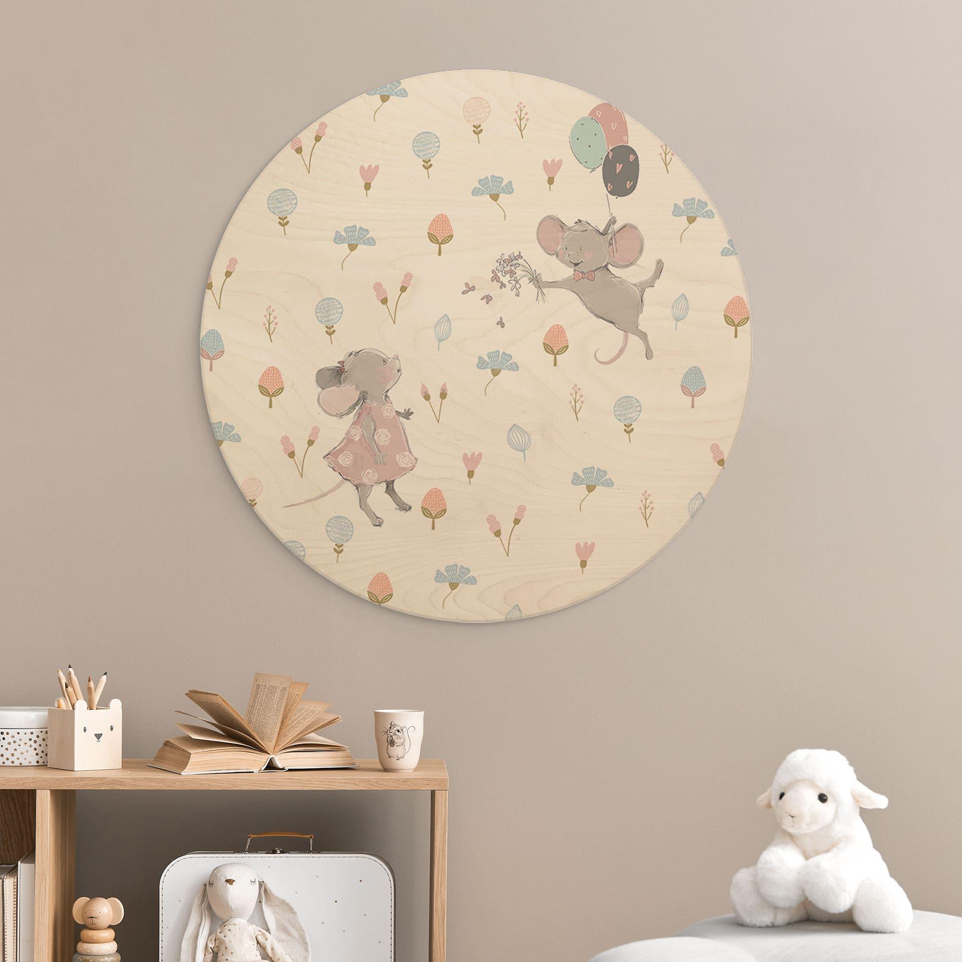 Væg cirkel træ Små mus med balloner - UN Designs
