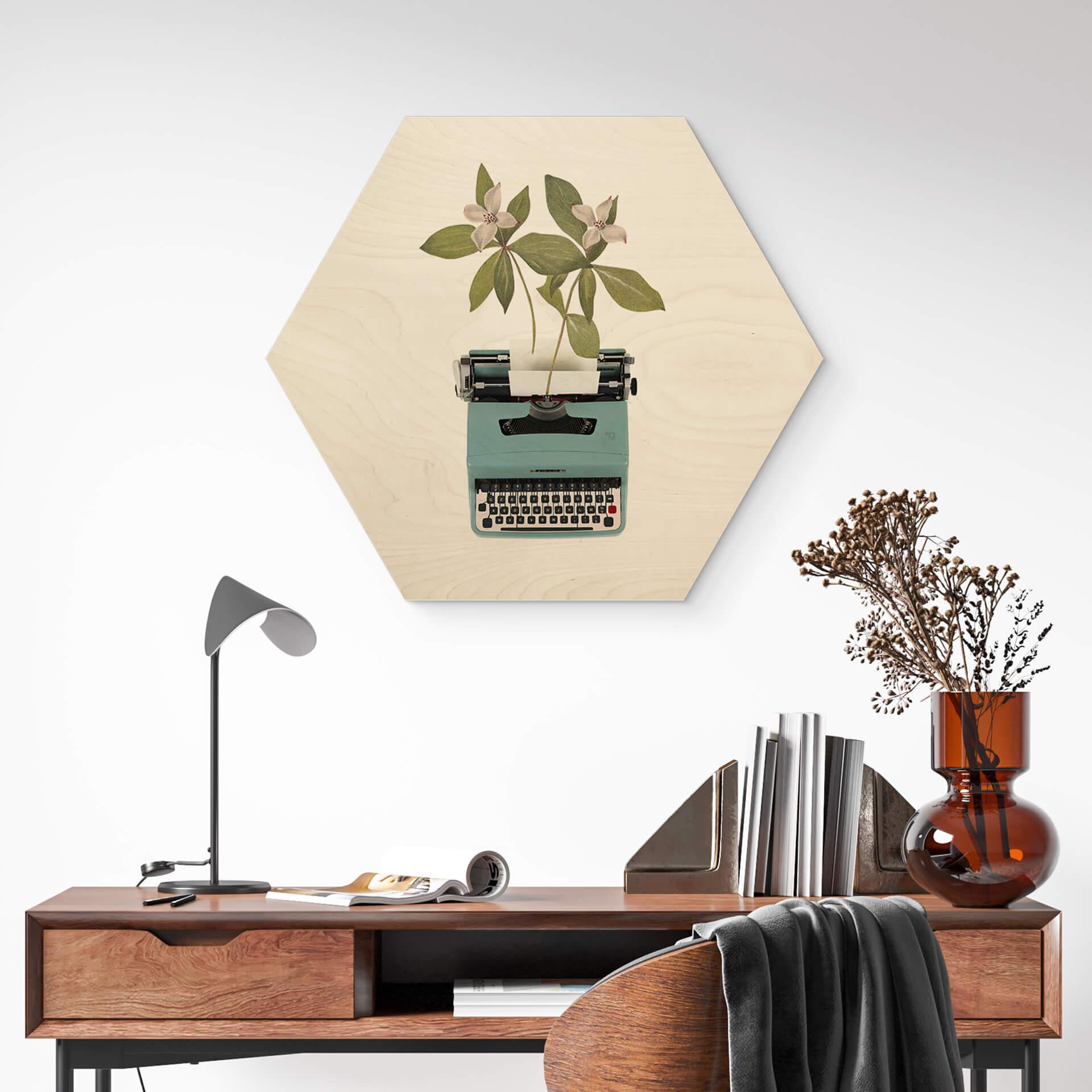 Wandbild Frida Floral Studio - Botanische Schreibmaschine - Hexagon Holz
