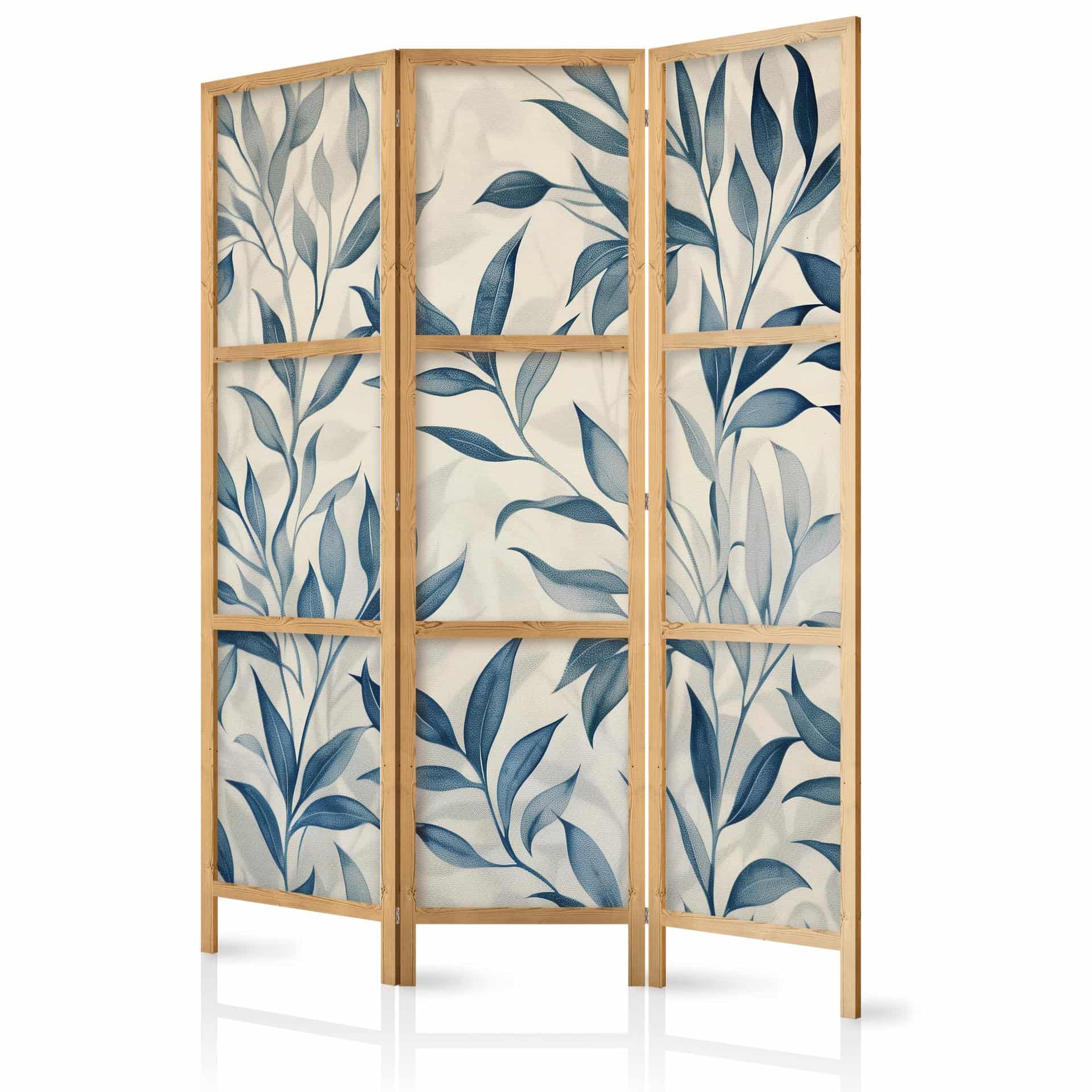 Japanischer Paravent, Raumteiler freistehend, Trennwand - Leaves in Blue Colors - Delicate Botanical