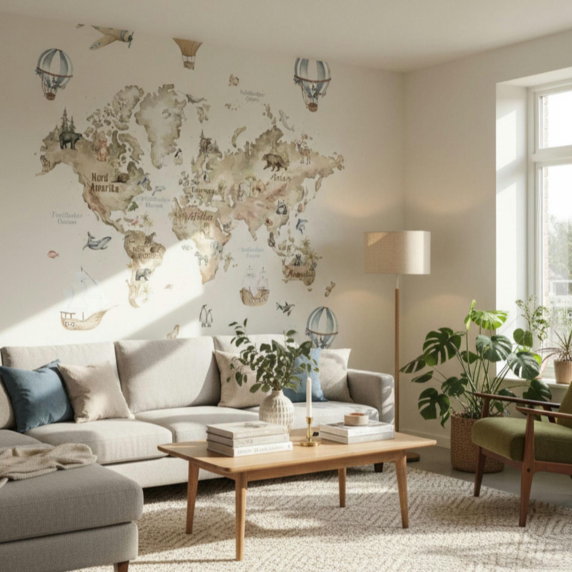 Grafisch wereldkaart behang kinderen, Vliesbehang klassiek mat in beige 2,70 x 1,59 m