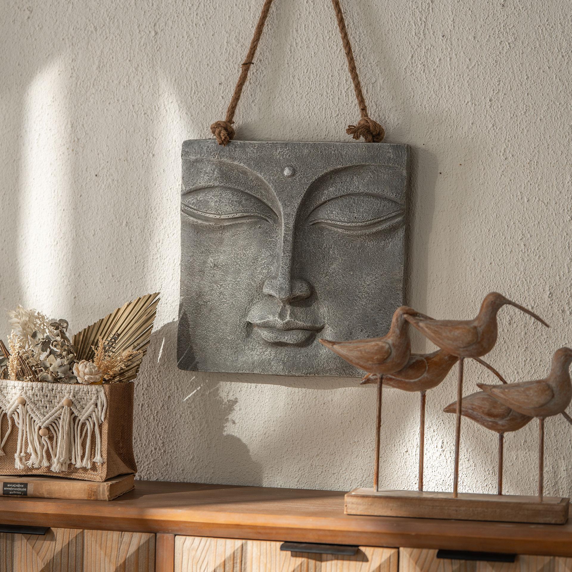 Buddha Gesicht Wandskulptur - Asiatische Wanddeko aus Kunststein - mit Seil 40x40 cm