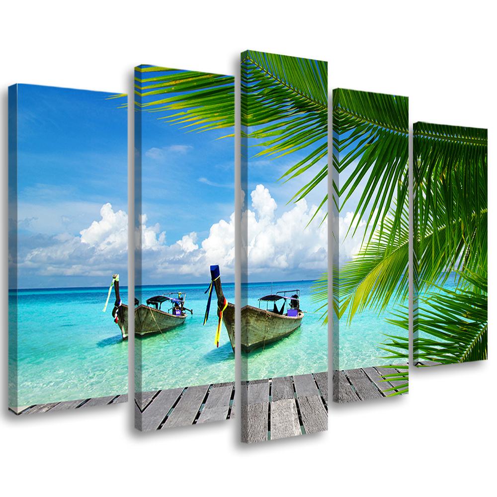 5 stykke lærredsprint Tropical Beach Sea Boats