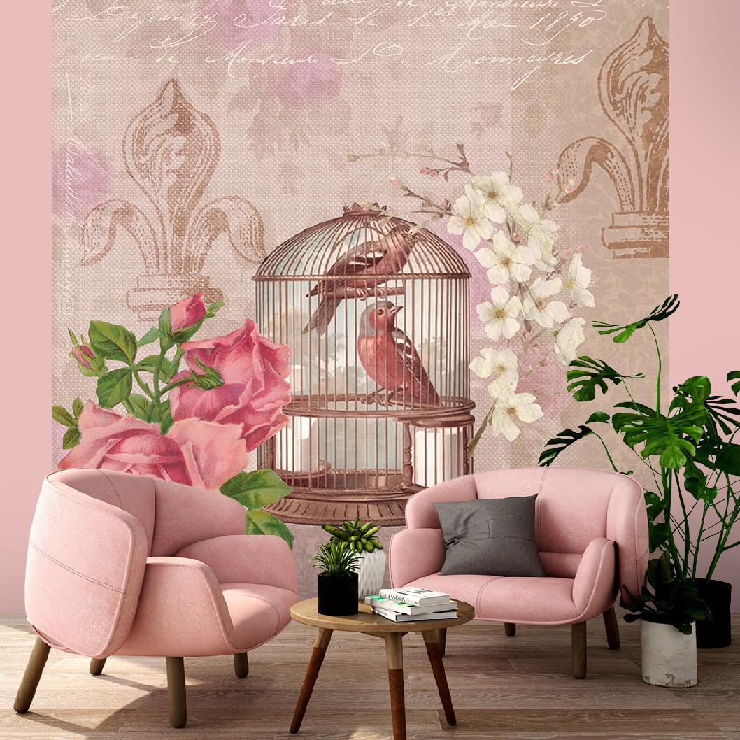 Fototapete, Shabby Chic Stil Blumen Vögel rosa Hintergrund - Andrea Haase