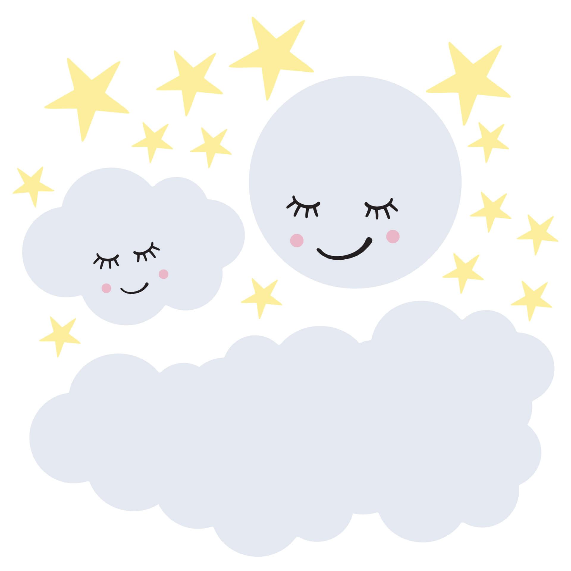 Muursticker Sterren met Slapende Maan en Wolken