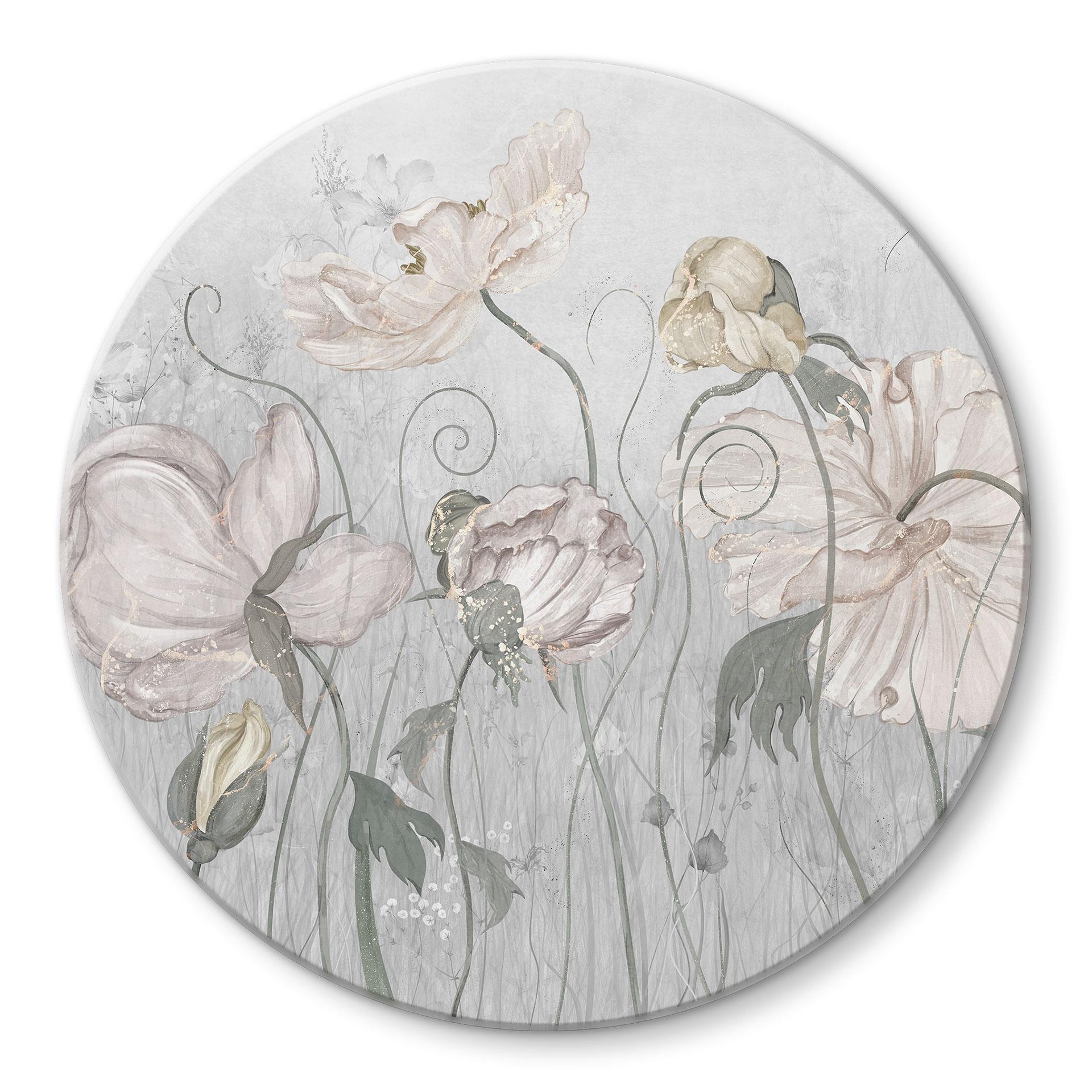 Glasbild Blumen im Vintage Stil in Grau - Ms Tiff - Rund