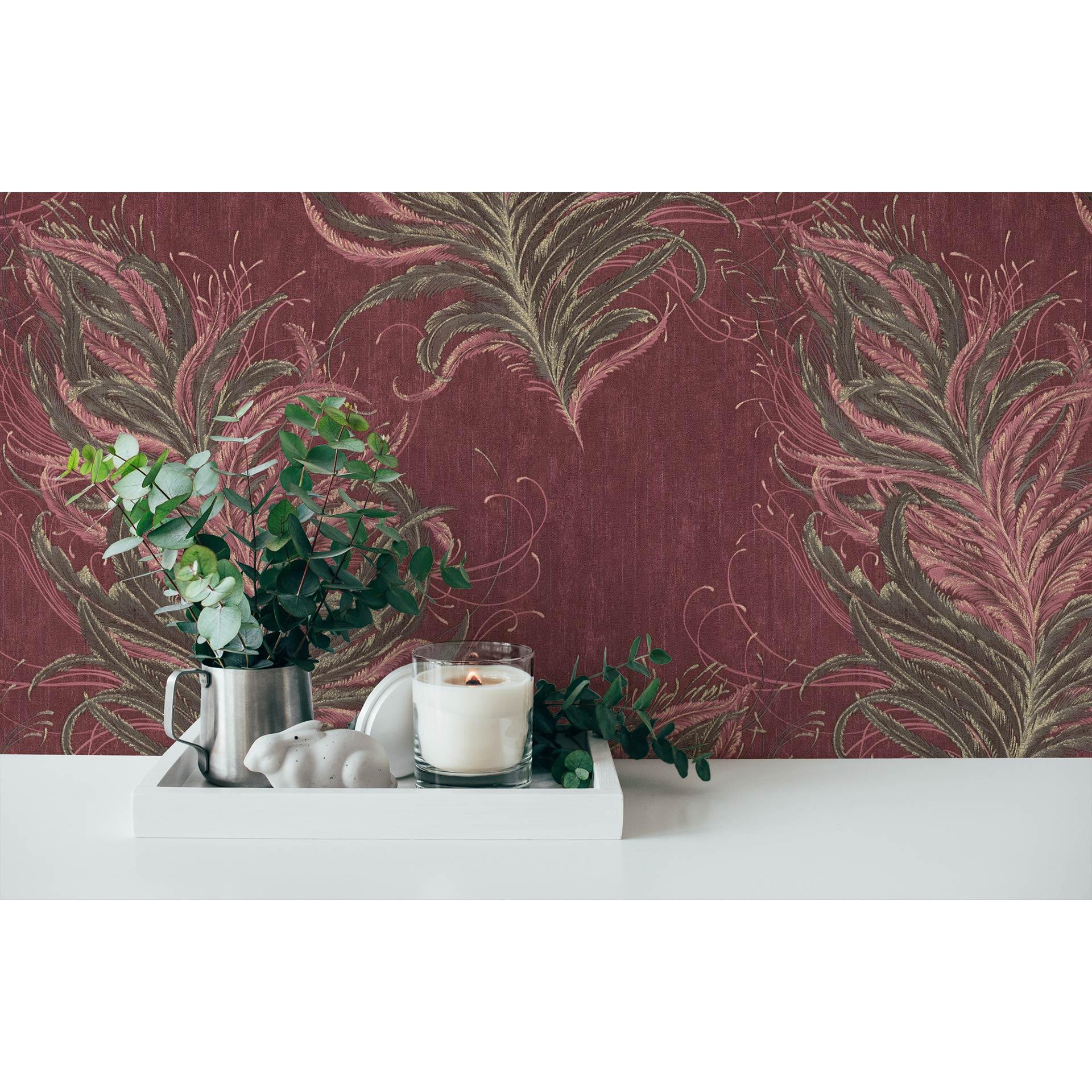 Livingwalls Tapete mit Federn Mata Hari Vliestapete rot, braun, gold, rosa