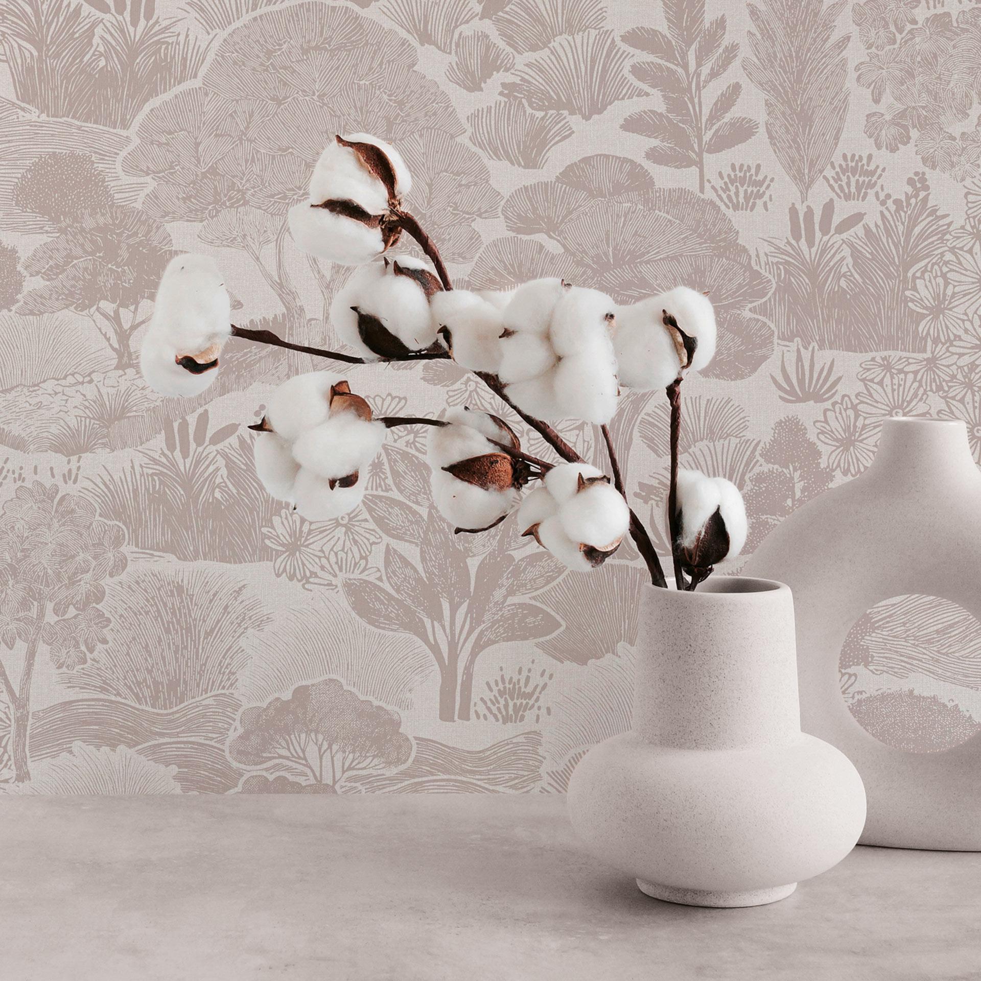 Landskabstapet creme taupe - Ikke-vævet tapet med illustration af naturmotiv
