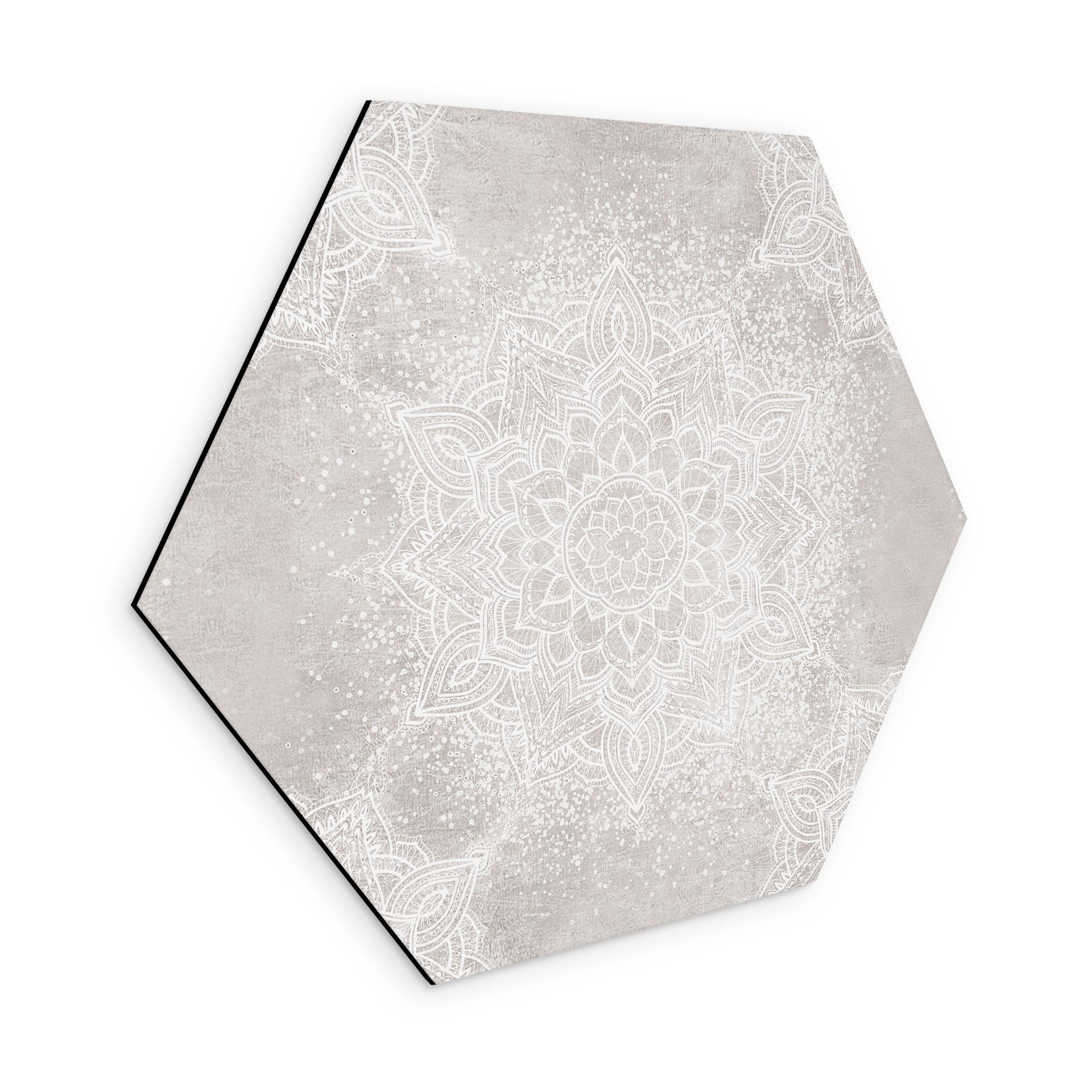 Sekskantet billede Blød mandala på grå-beige - Bloomery Decor - Alu-Dibond