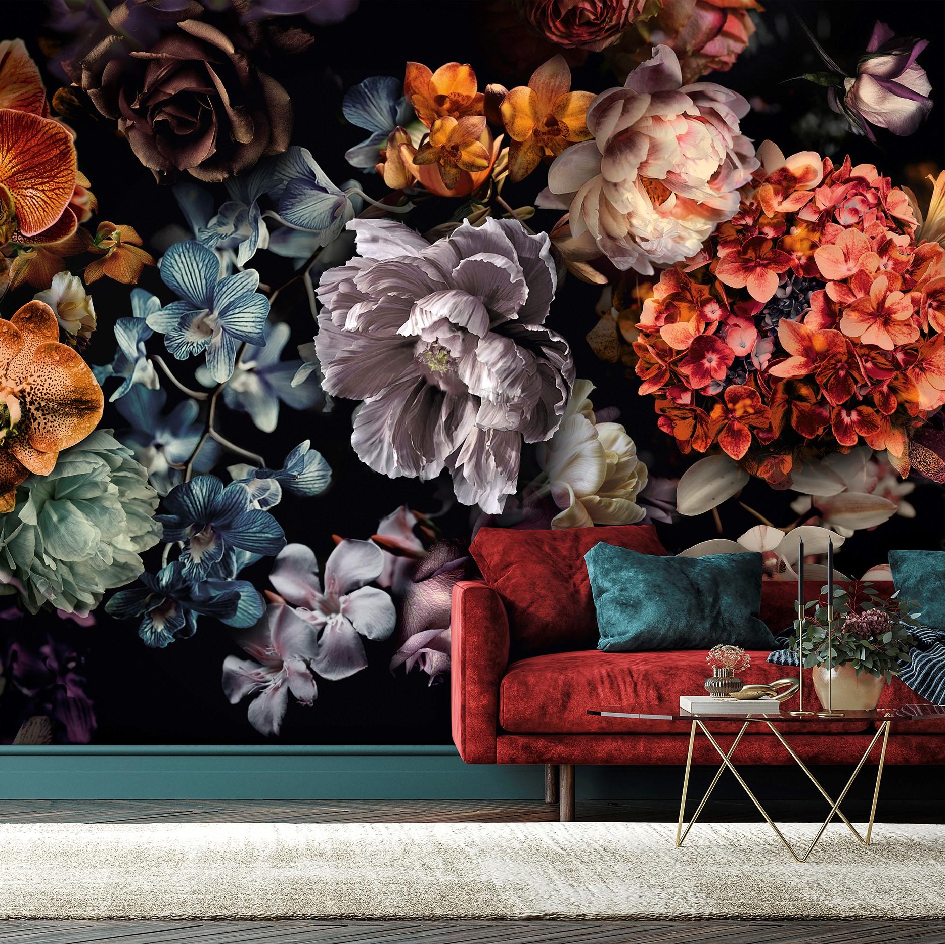 Fototapeta z motywem ciemnej kwiatowej martwej natury z orchideami 3,4 x 2,65 m