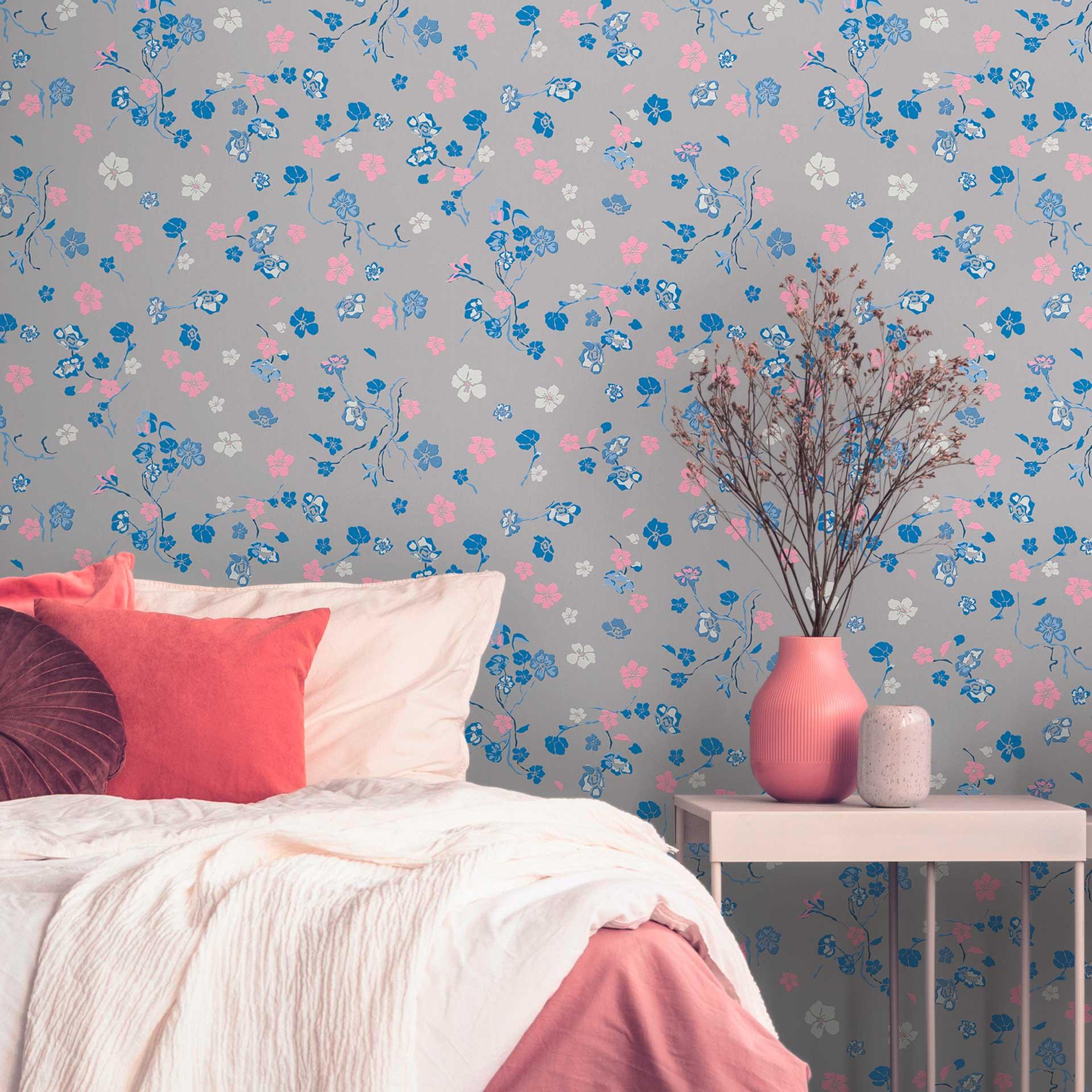 blomstertapet gråblå - blomstertapet designer - non-woven tapet natur