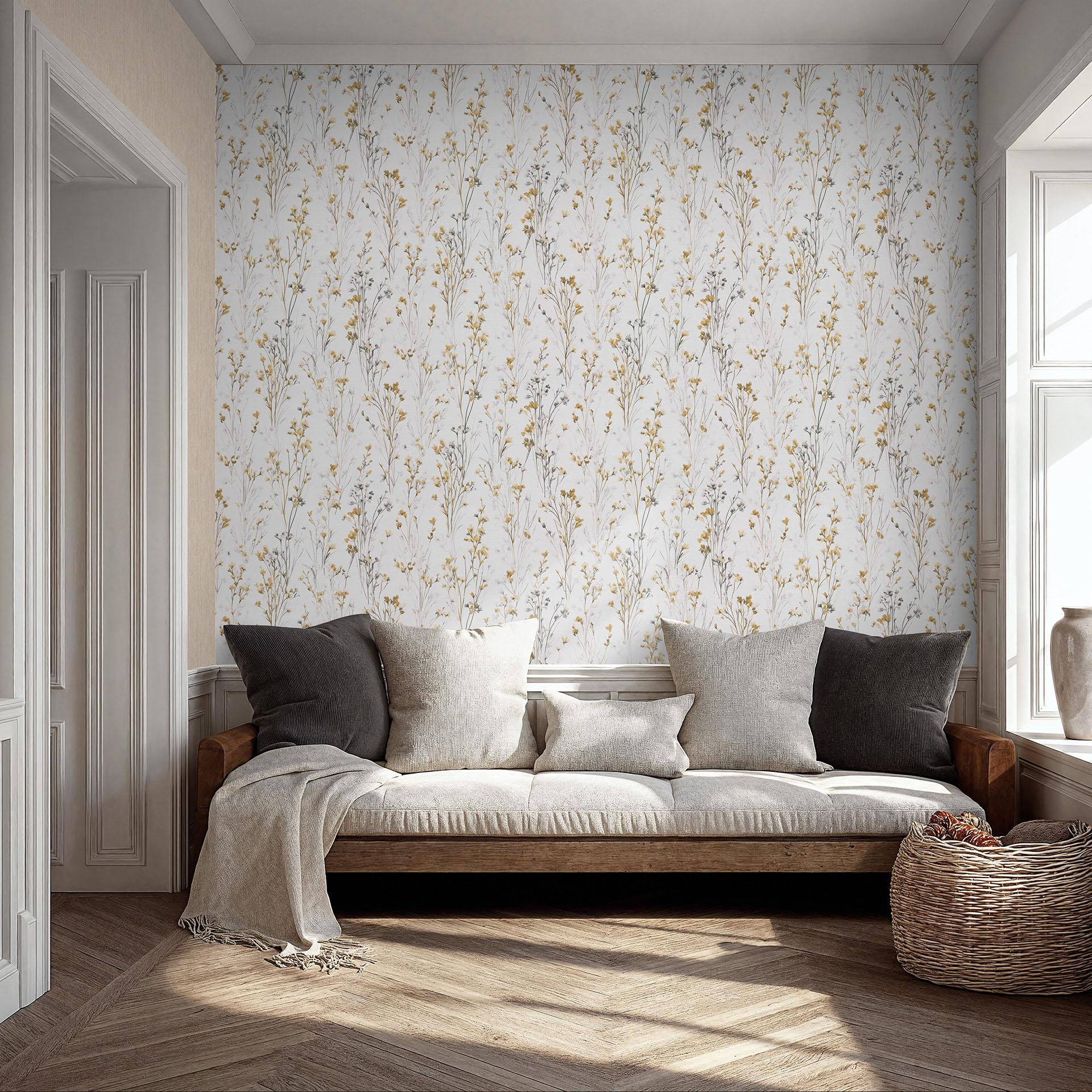 Ikke-vævet tapet med sarte engblomster i gul og hvid som blomstret naturtapet